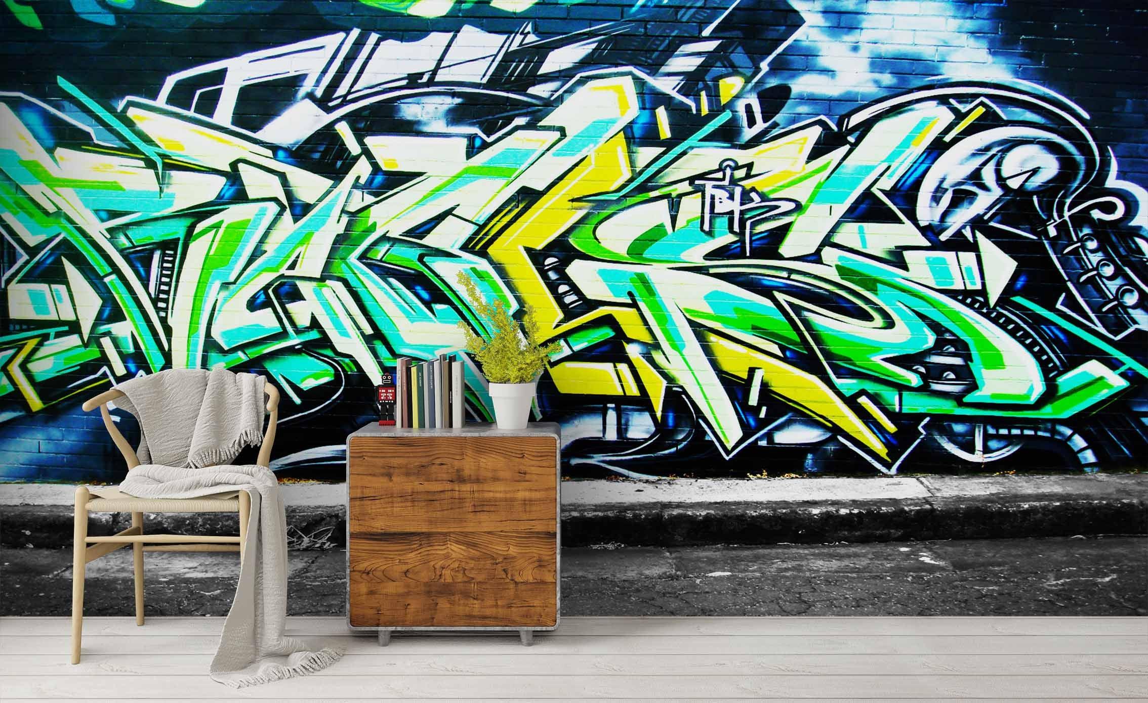 3D Blue Green Kerbside Graffiti Art Wall Mural Wallpaper ZY D50- Jess Art Decoration