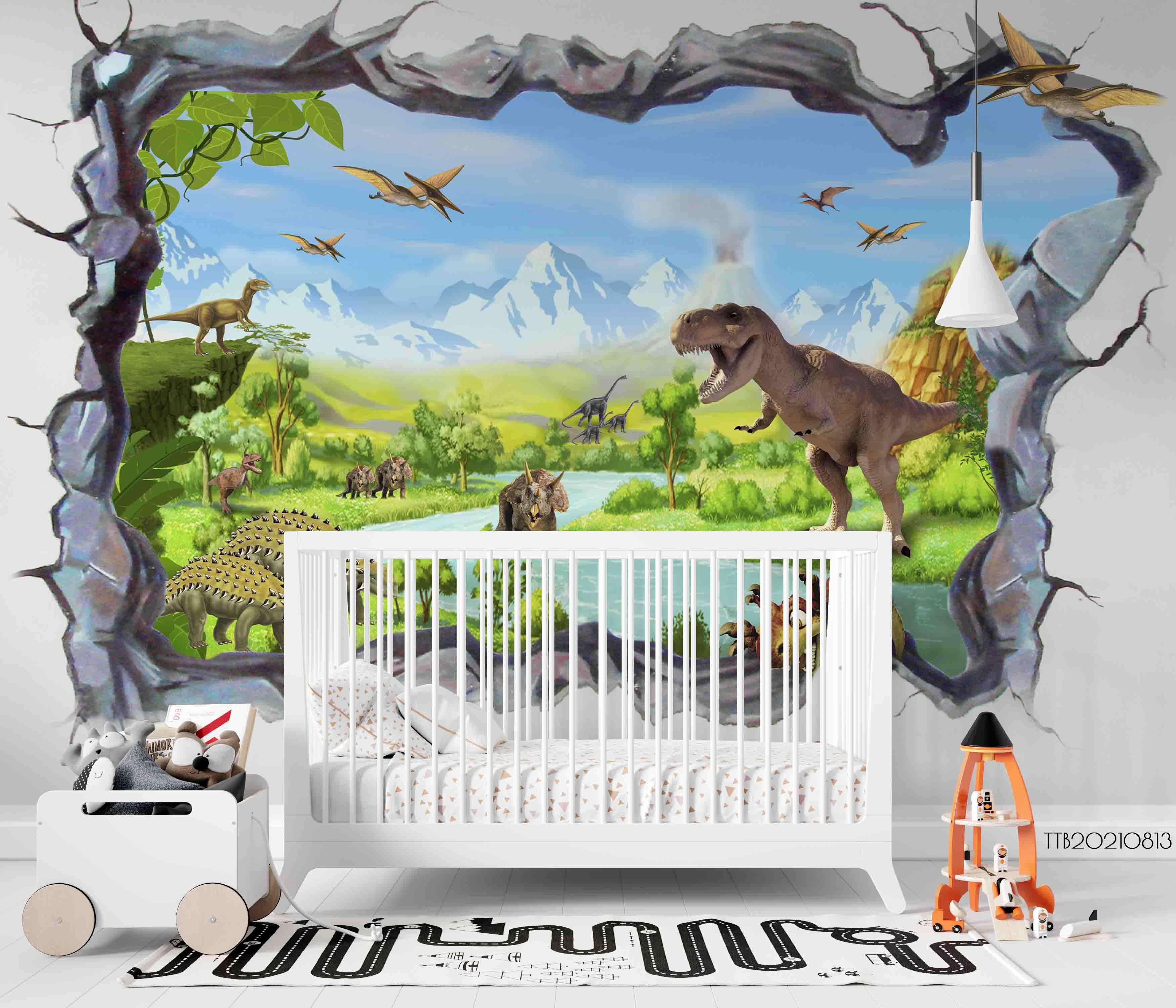 3D Destroyed Cartoon Rain Forest Dinosaur Wall Mural Wallpaper SWW5102- Jess Art Decoration
