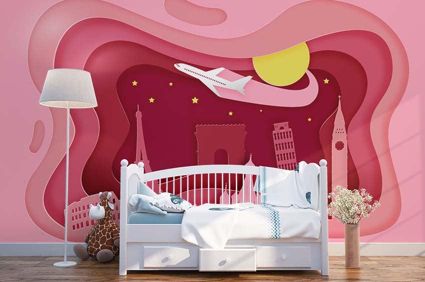 3D Cartoon Pink Sky House Airplane Wall Mural Wallpaper 86- Jess Art Decoration