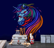 3D Dark Blue Background Colourful Unicorn Fierce Wall Mural Wallpaper ZY D17- Jess Art Decoration