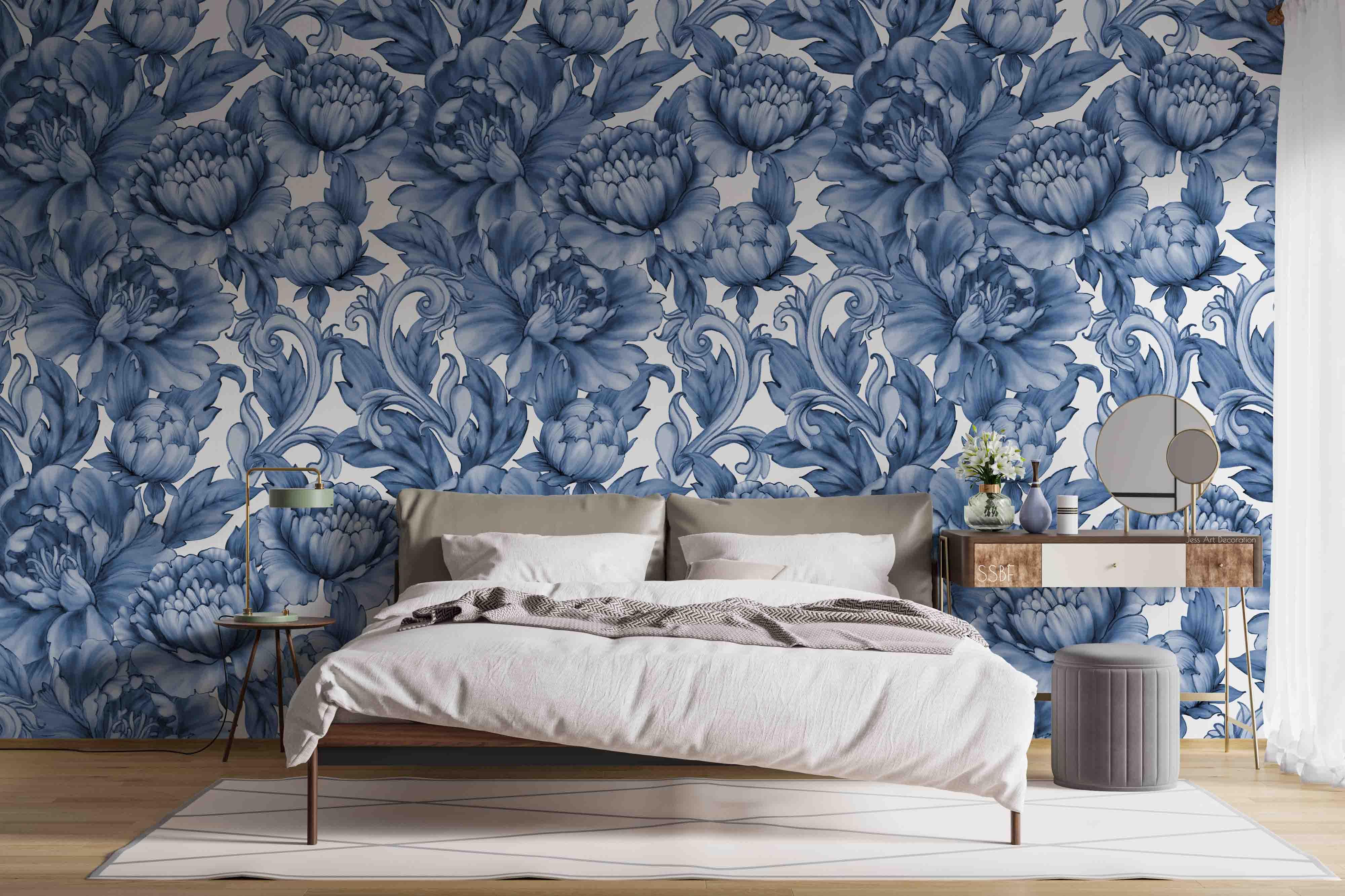 3D Vintage Baroque Art Blue Peony Flowers Background Wall Mural Wallpaper GD 3589- Jess Art Decoration