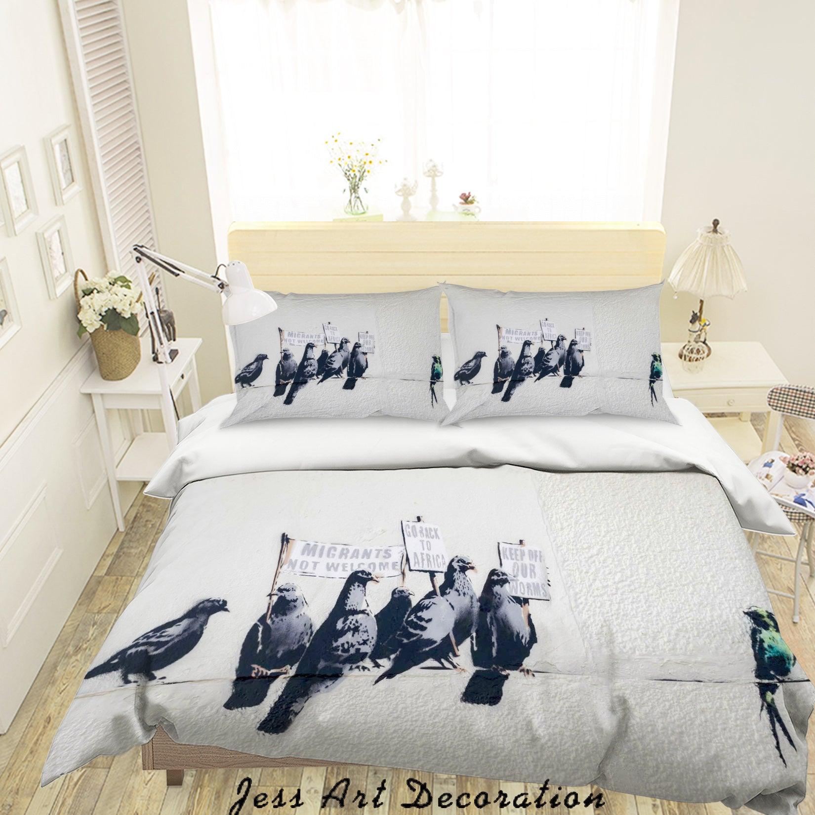 3D Banksy Bird Pigeon Black White Quilt Cover Set Bedding Set Duvet Cover Pillowcases  ZY D70- Jess Art Decoration