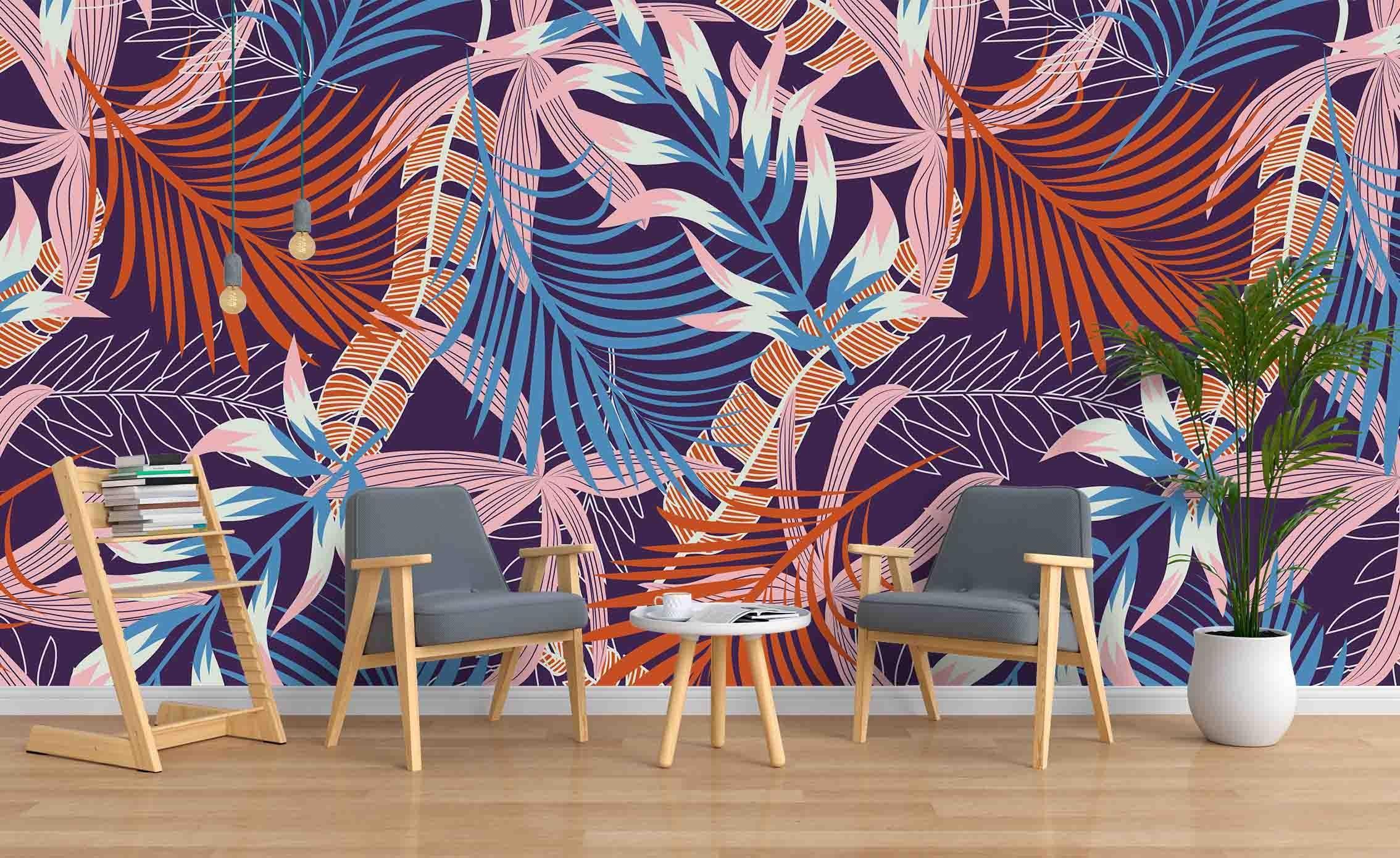 3D Blue Pink Leaves Wall Mural Wallpaper A128 LQH- Jess Art Decoration