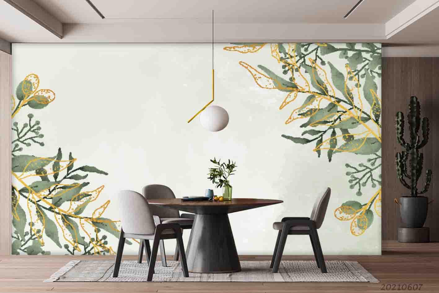3D Hand Draw Plant Leaf  Paint Gold Wall Mural Wallpaper SWW1136- Jess Art Decoration