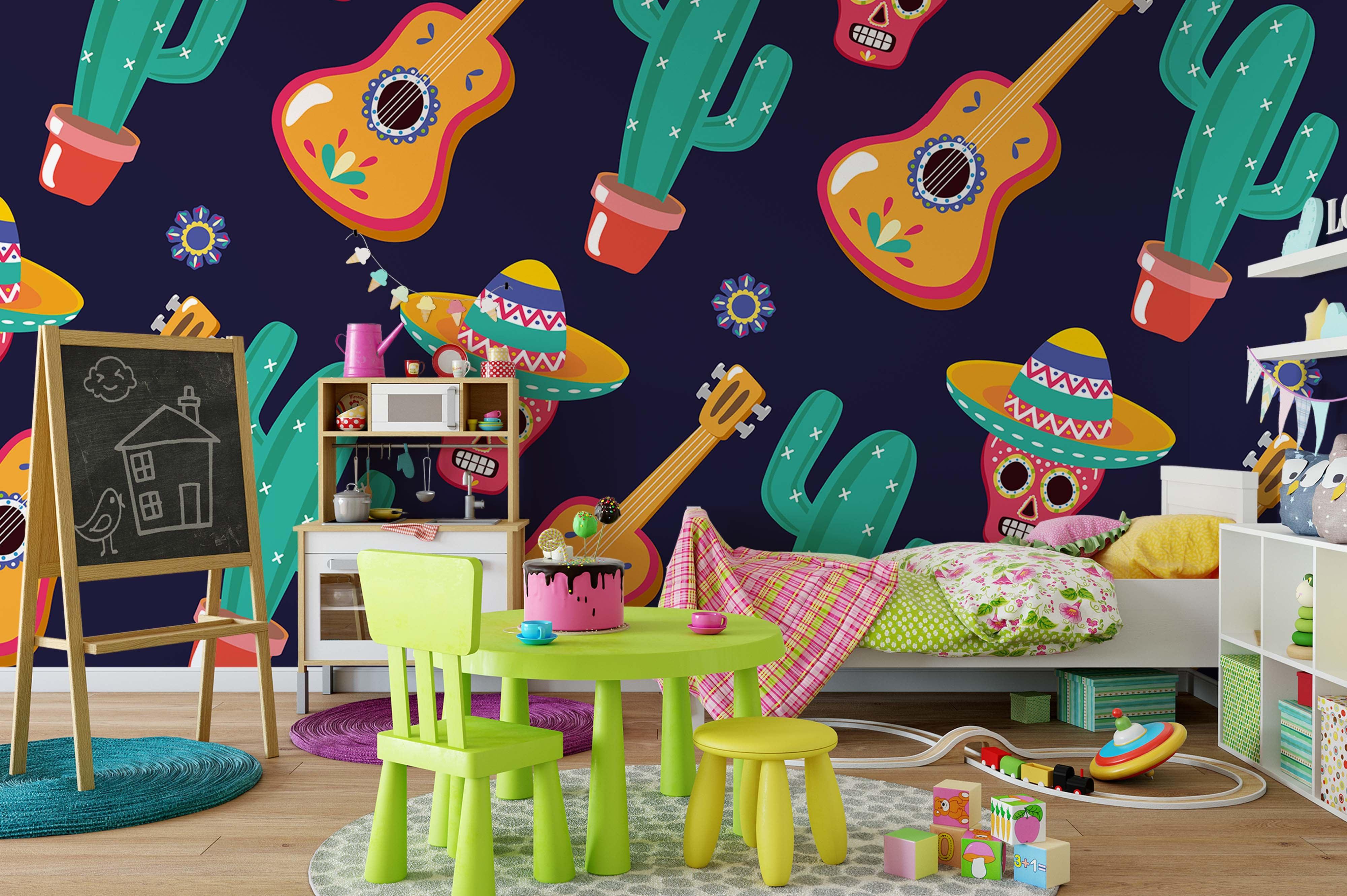 3D guitar cactus hat skull wall mural wallpaper 76- Jess Art Decoration