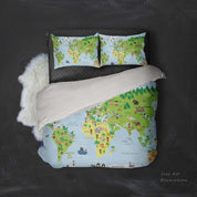 3D Green Animals World Map Quilt Cover Set Bedding Set Pillowcases 55- Jess Art Decoration