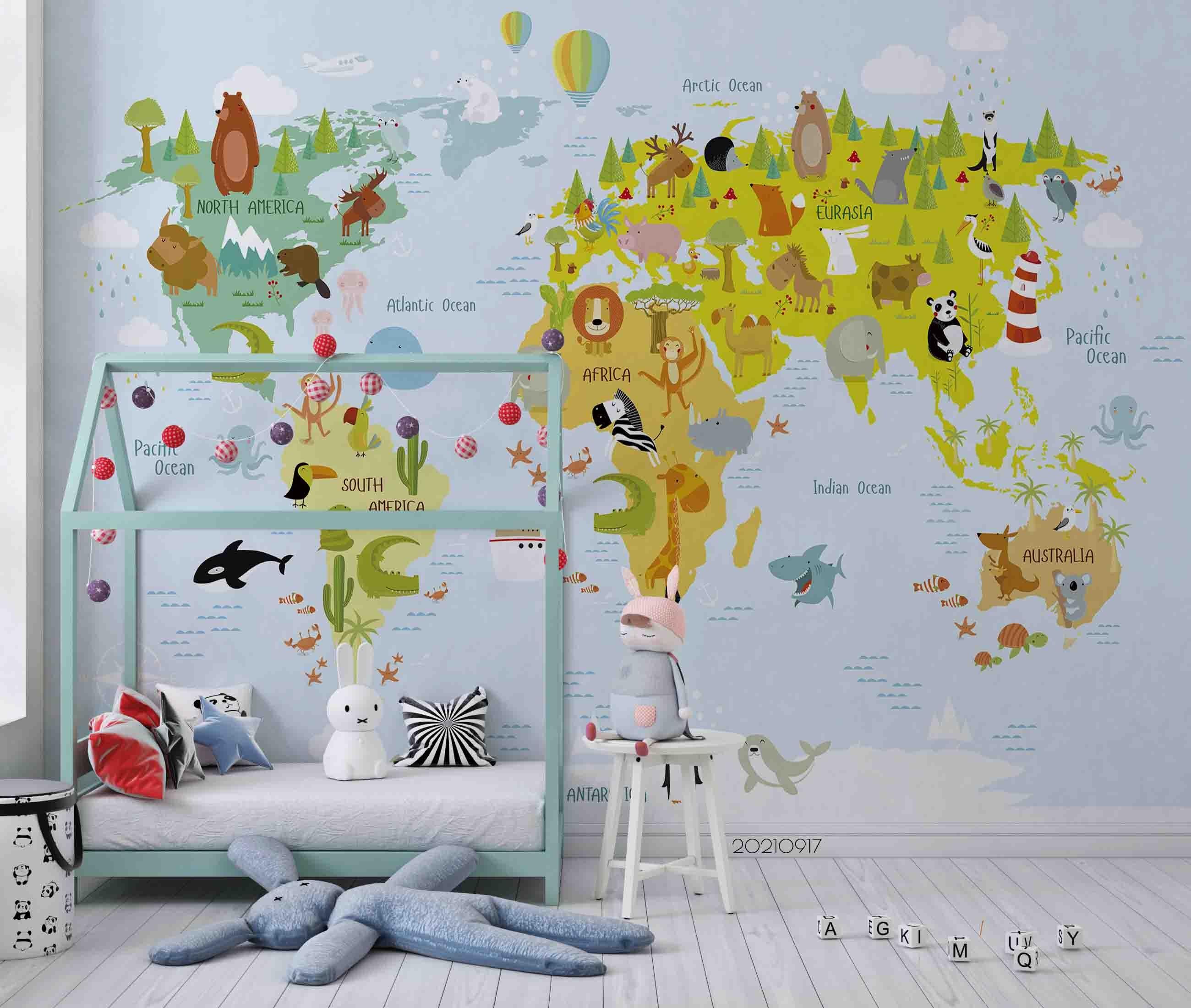 3D World Map Kids Wall Mural Wallpaper LQH 231- Jess Art Decoration