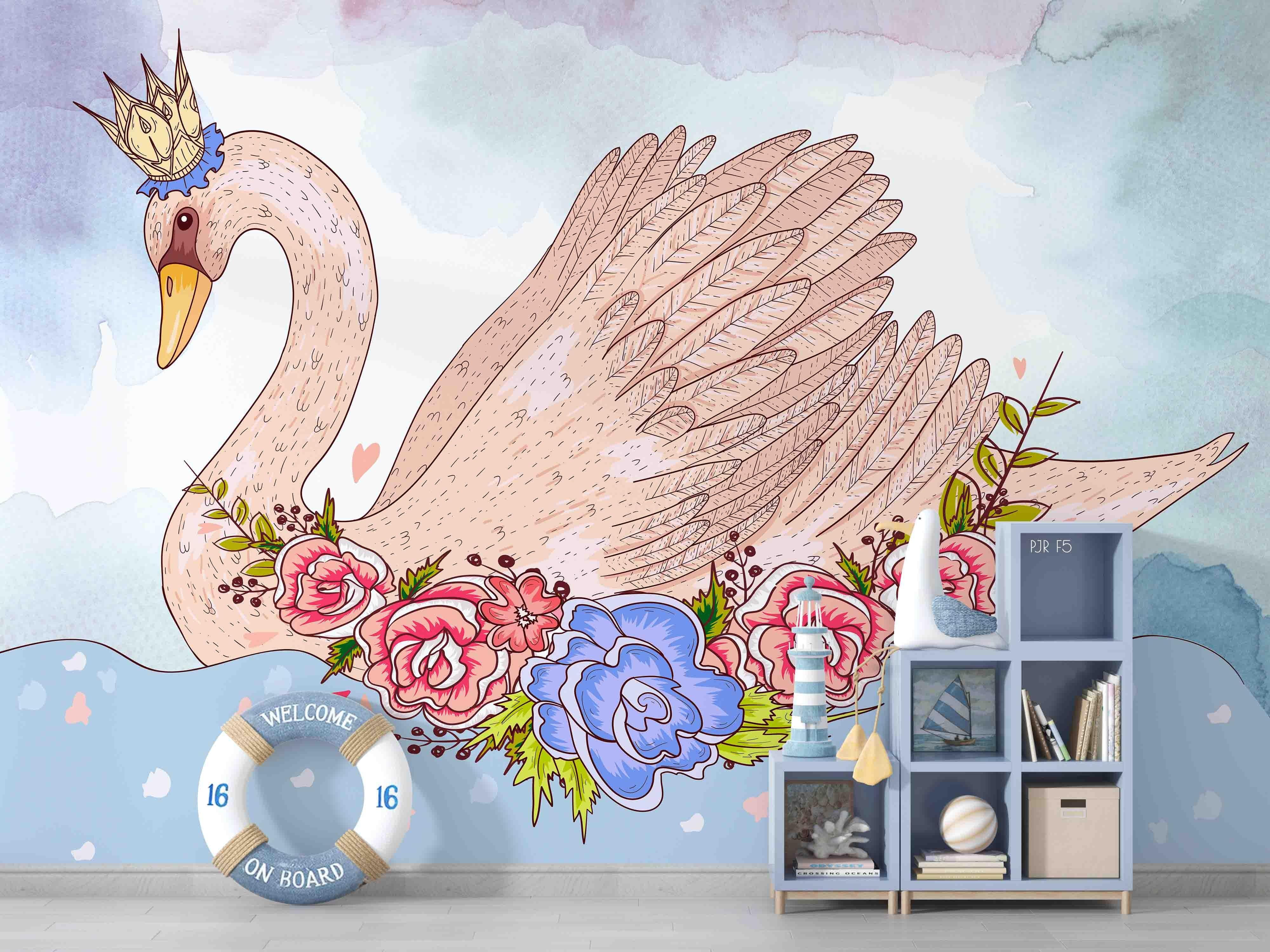 3D Swan Floral Animal swan floral nursery mural wall mural wallpaper for nursery - view 2