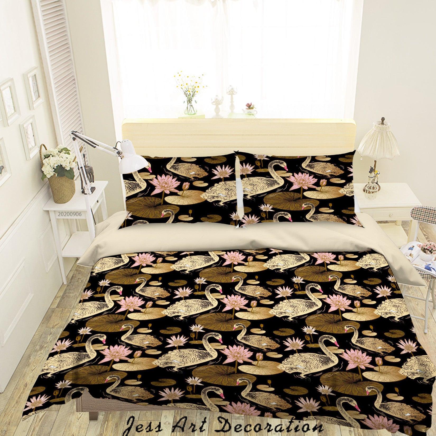 3D Vintage Leaves Swan Lotus Floral Pattern Quilt Cover Set Bedding Set Duvet Cover Pillowcases WJ 3638- Jess Art Decoration