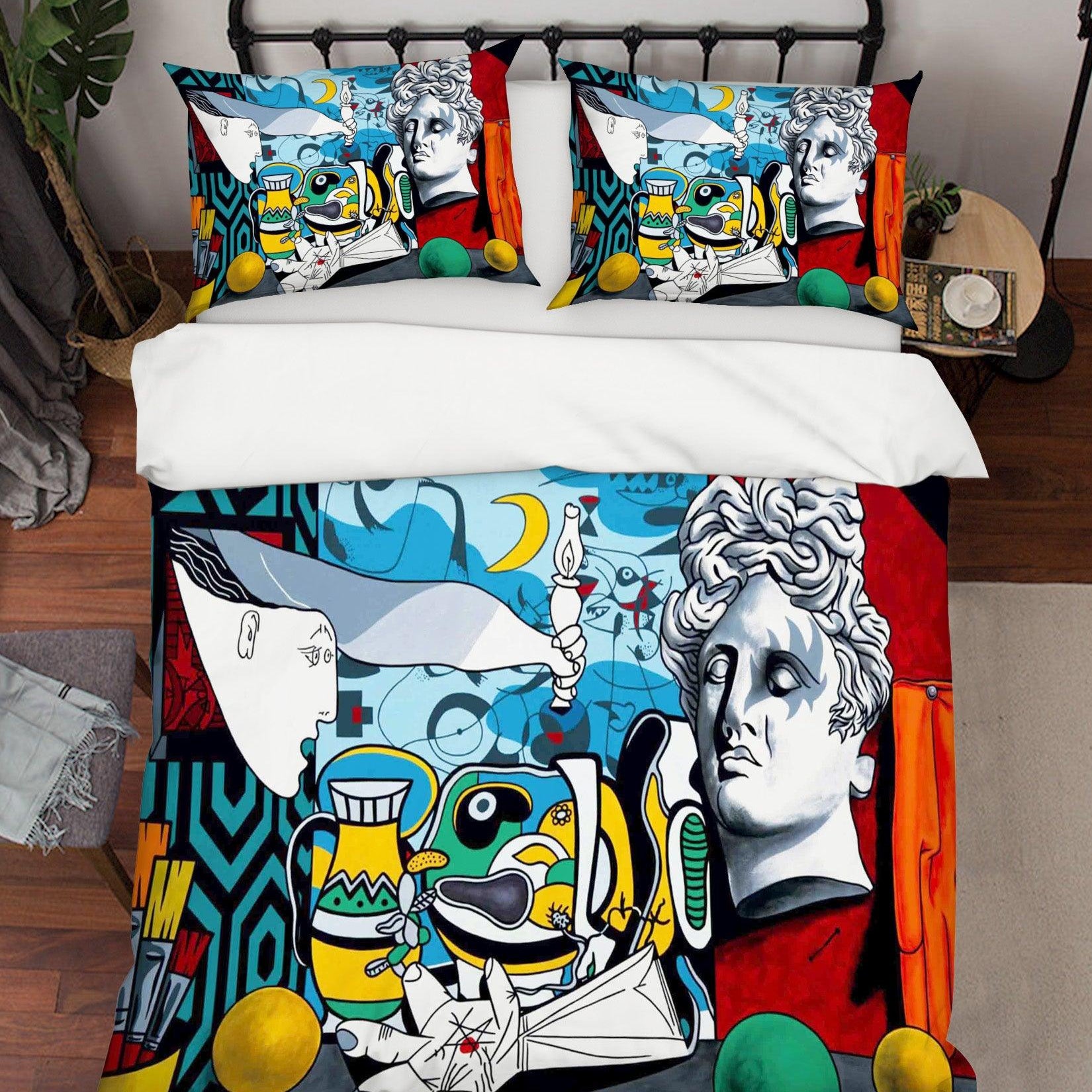 3D Abstract Colorful Moon White Statue Quilt Cover Set Bedding Set Duvet Cover Pillowcases LXL- Jess Art Decoration