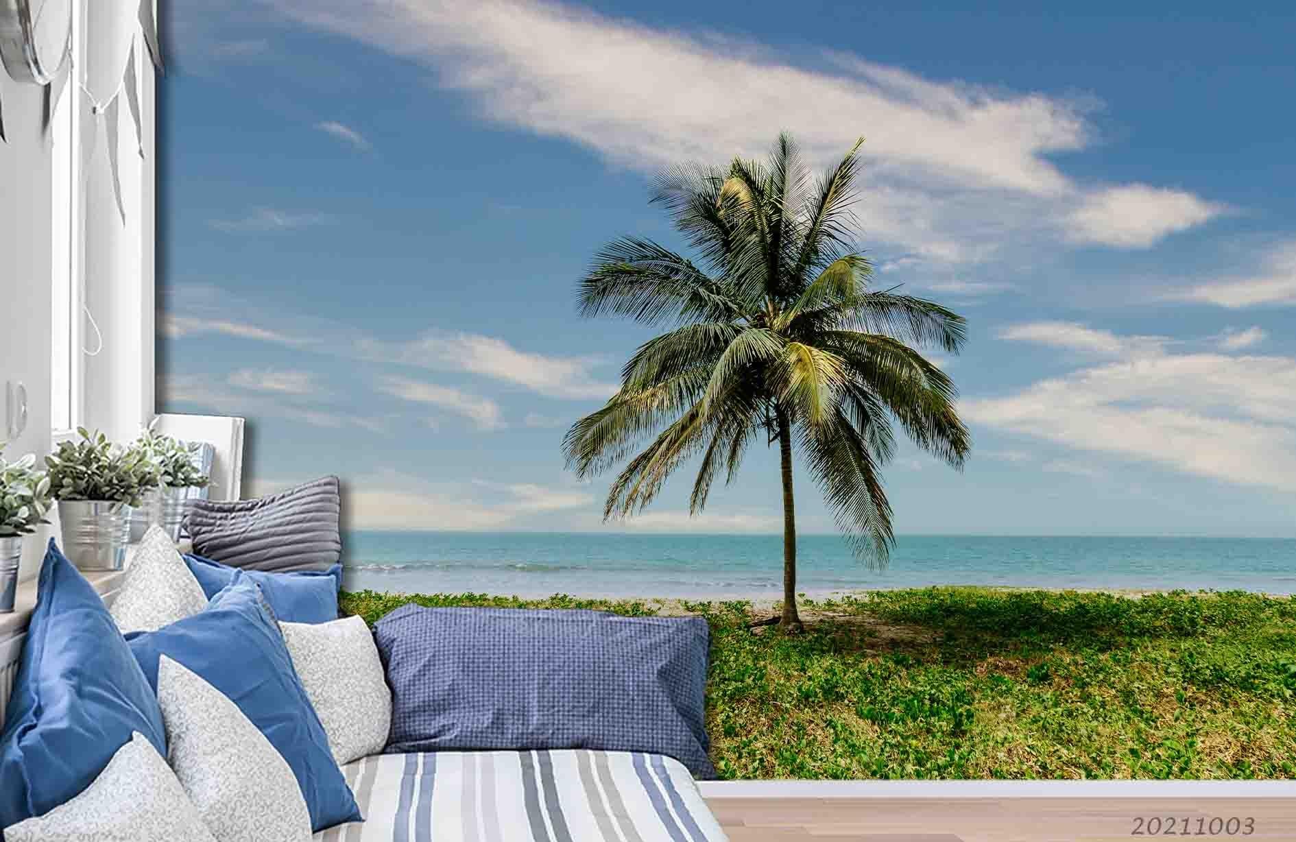 3D Sky Meadow Coconut Tree Landscape Wall Mural Wallpaper LQH 391- Jess Art Decoration