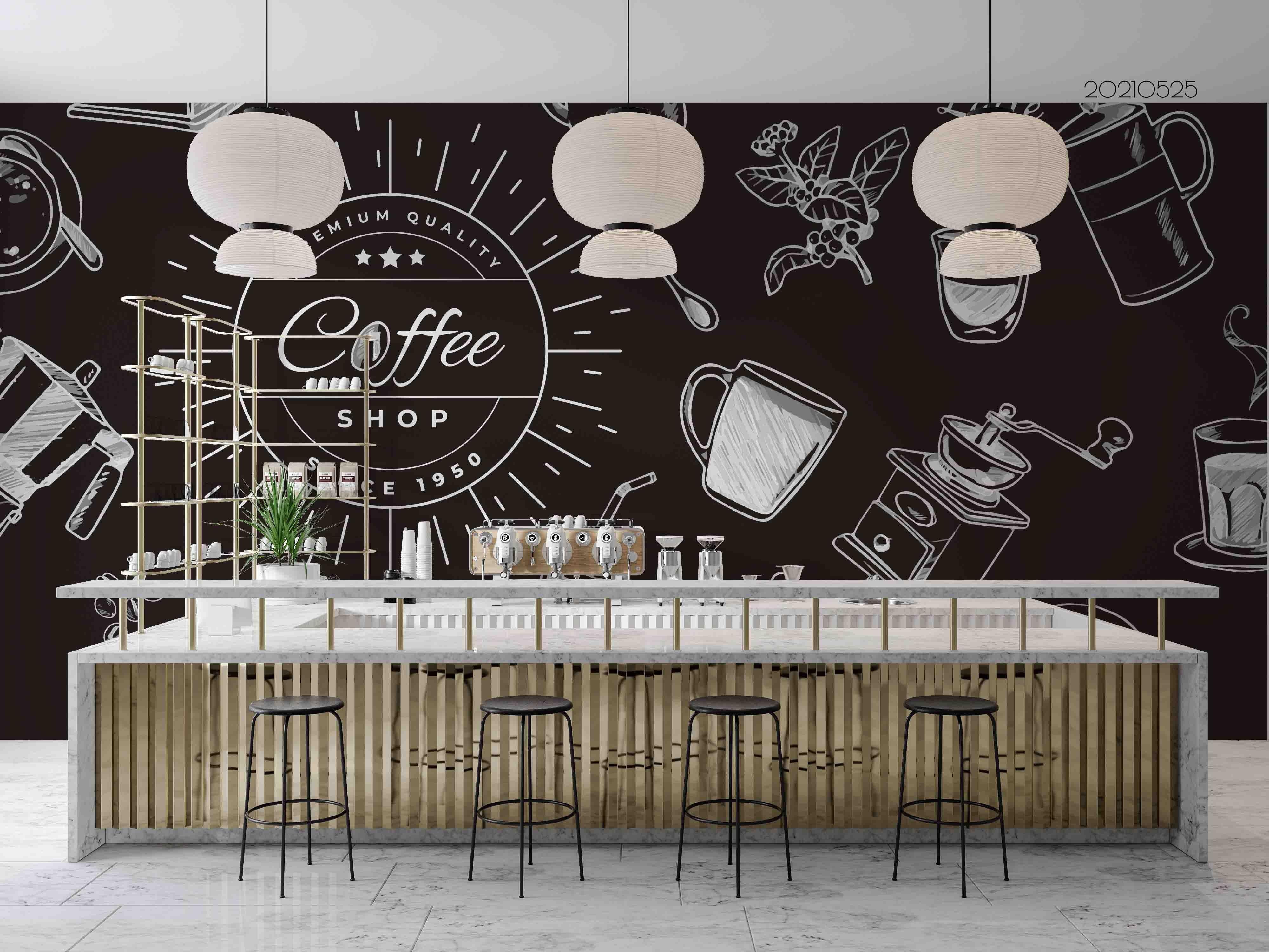 3D  Black  White  Coffee Shop Black Background   Wall Mural Wallpaper SWW12- Jess Art Decoration