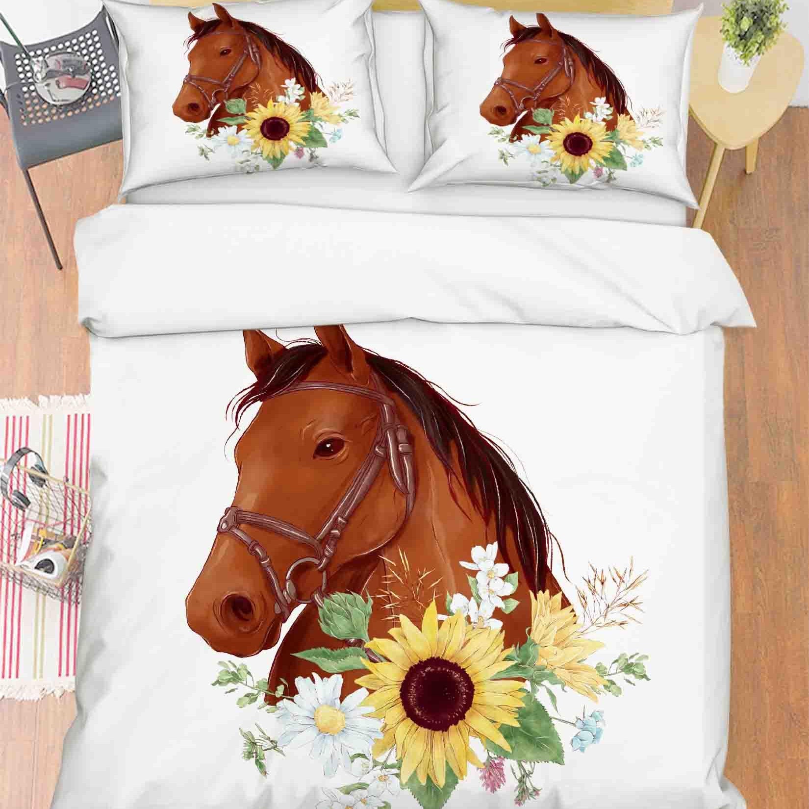3D Hand Drawn Fine Art Brown Horse Animal Sun Flower Yellow Floral Quilt Cover Set Bedding Set Duvet Cover Pillowcases LXL- Jess Art Decoration