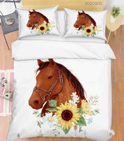 3D Hand Drawn Fine Art Brown Horse Animal Sun Flower Yellow Floral Quilt Cover Set Bedding Set Duvet Cover Pillowcases LXL- Jess Art Decoration