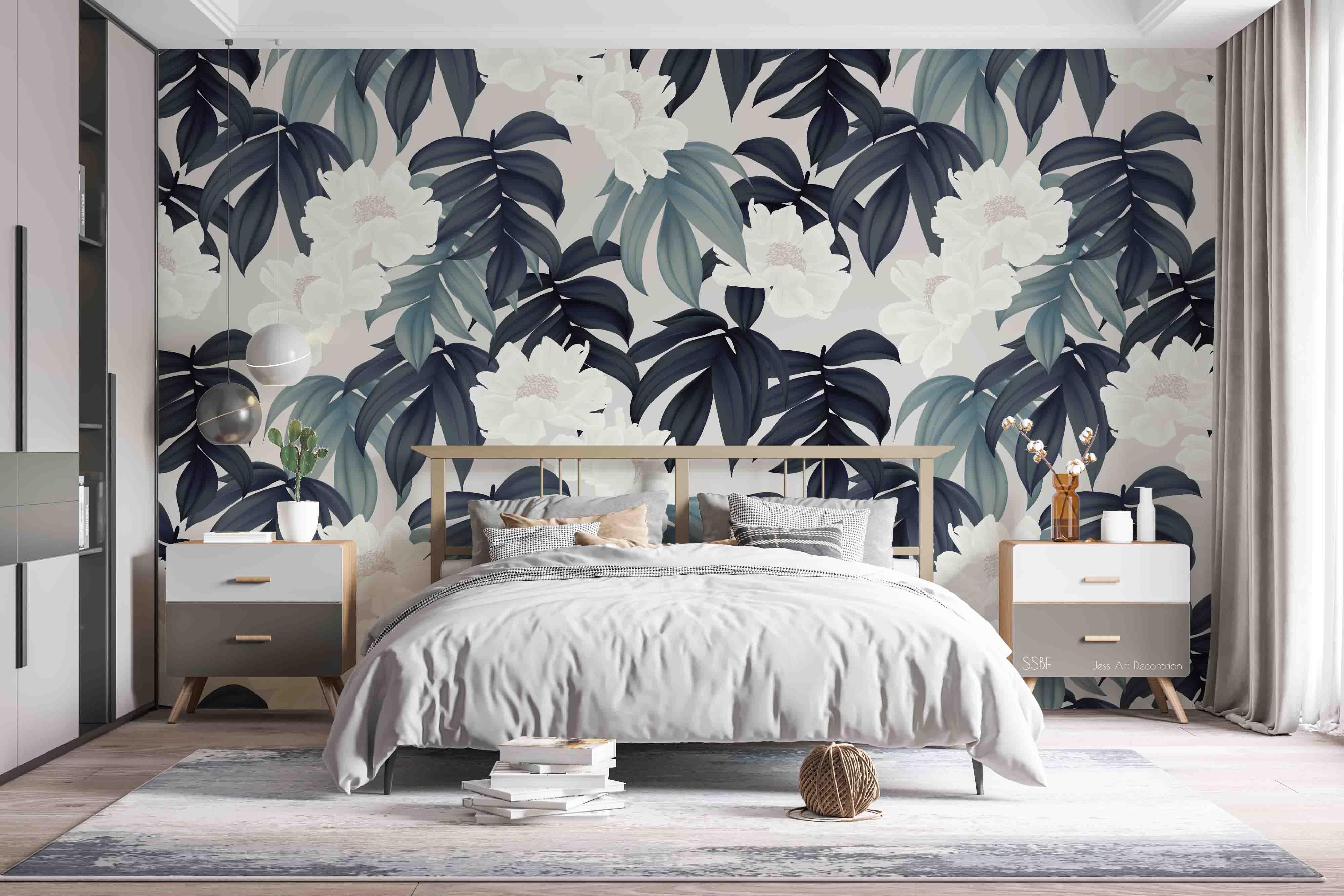3D Vintage Idyllic White Flowers Green Leaves Watercolor Wall Mural Wallpaper GD 3608- Jess Art Decoration