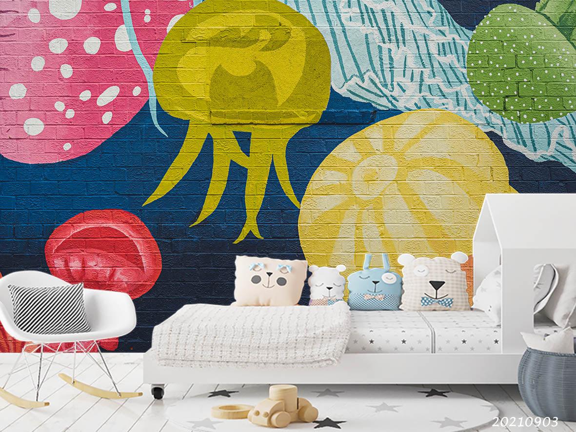 3D Hand Drawn Colored Jellyfish Doodle Wall Mural Wallpaper LQH 111- Jess Art Decoration