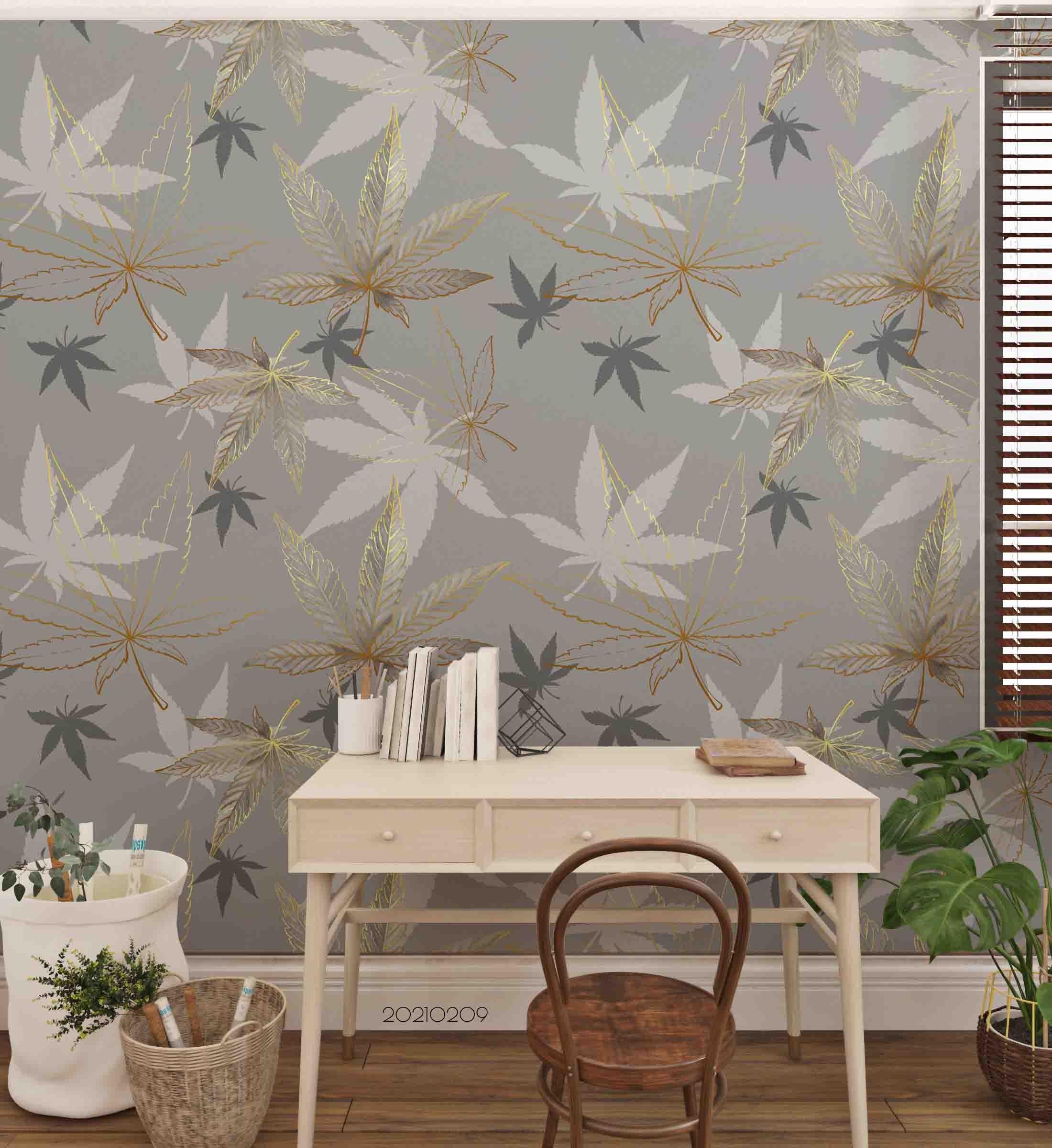 3D Hand Drawn Gray Maple Leaf Wall Mural Wallpaper LQH 55- Jess Art Decoration