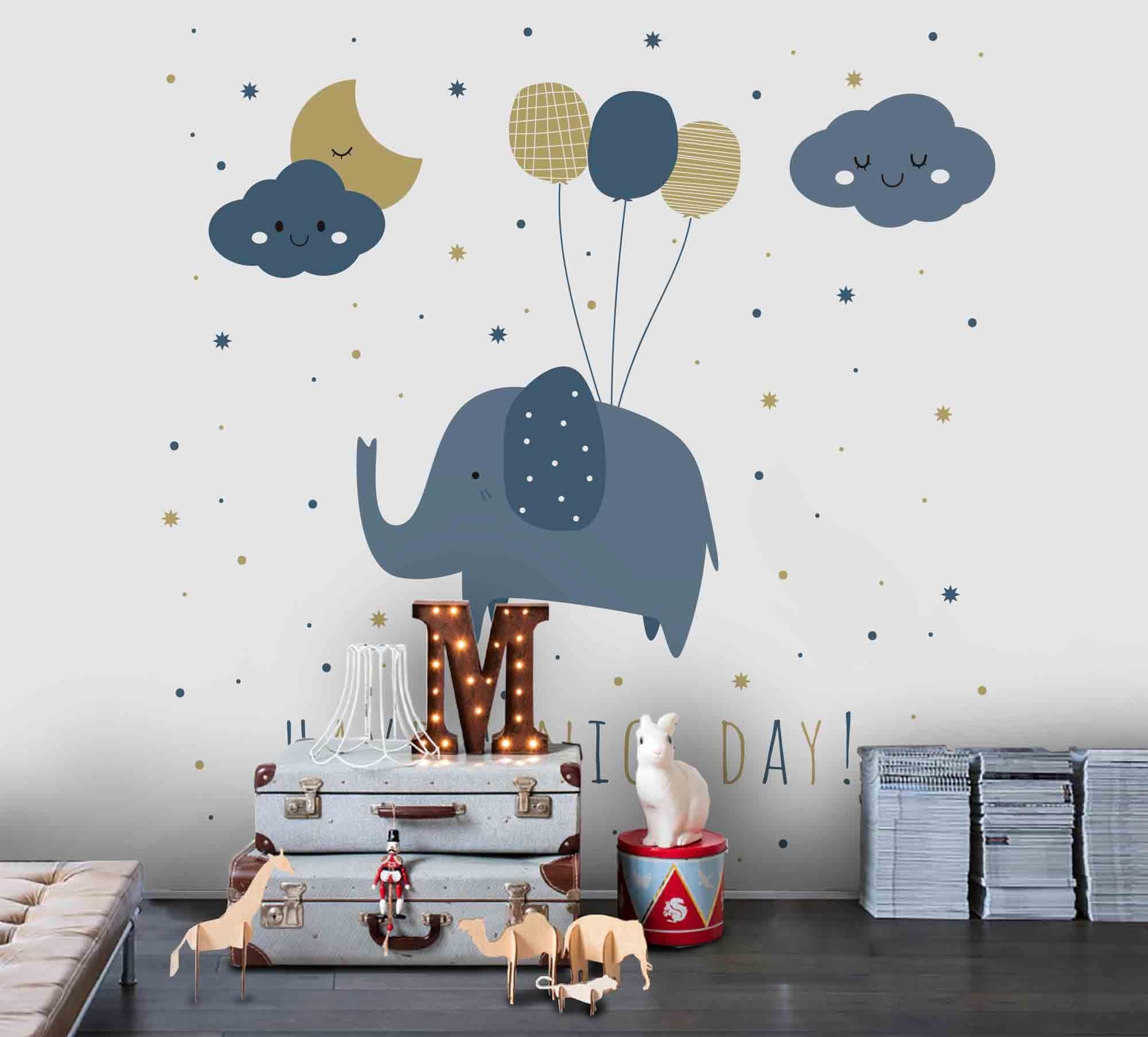 3D Cartoon Elephant Balloon Cloud Moon Wall Mural Wallpaper A229 LQH- Jess Art Decoration