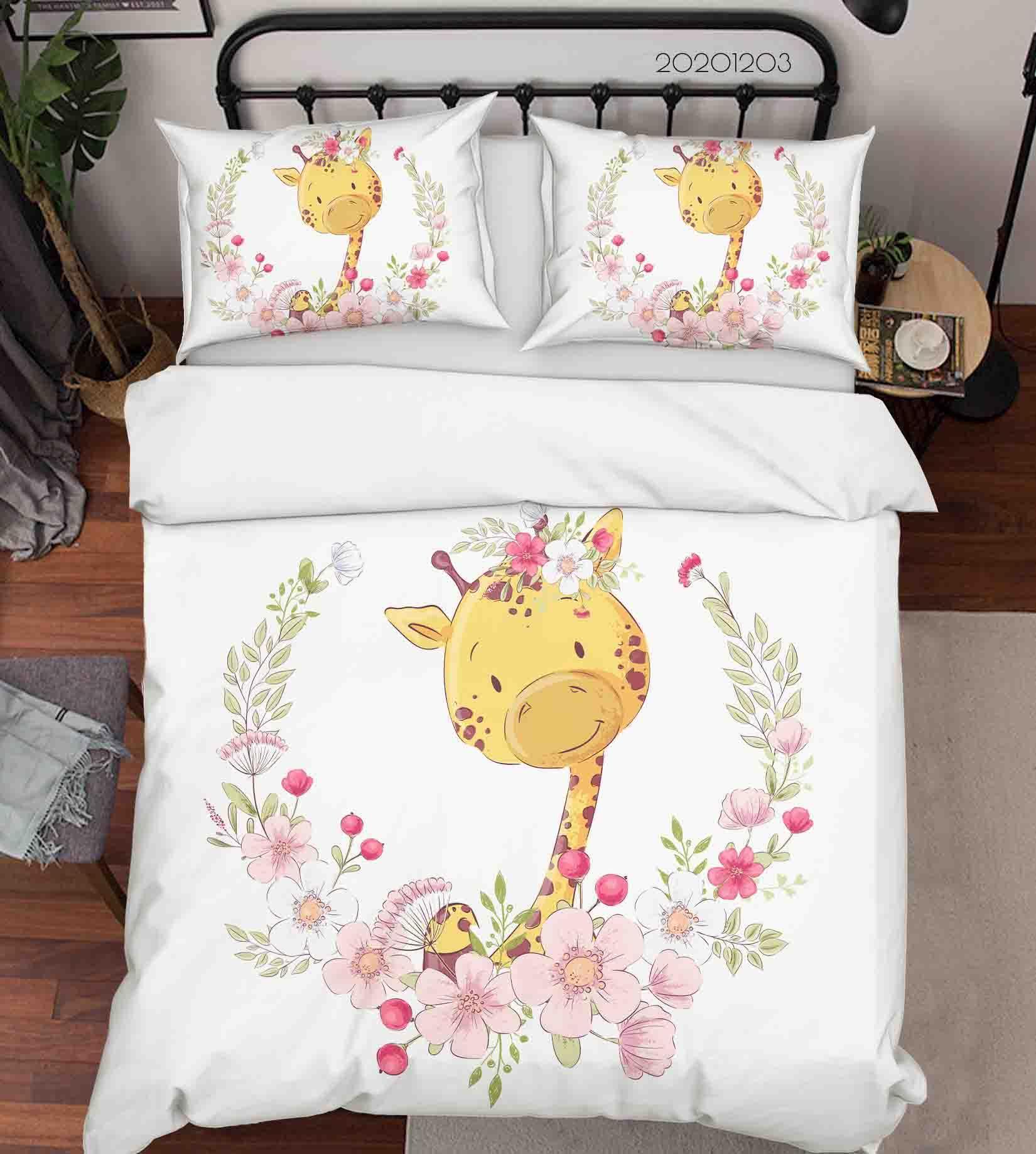 3D Cartoon Hand Drawn Pink Floral Plant Giraffe Animal Quilt Cover Set Bedding Set Duvet Cover Pillowcases LXL- Jess Art Decoration