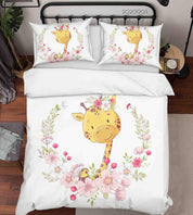 3D Cartoon Hand Drawn Pink Floral Plant Giraffe Animal Quilt Cover Set Bedding Set Duvet Cover Pillowcases LXL- Jess Art Decoration