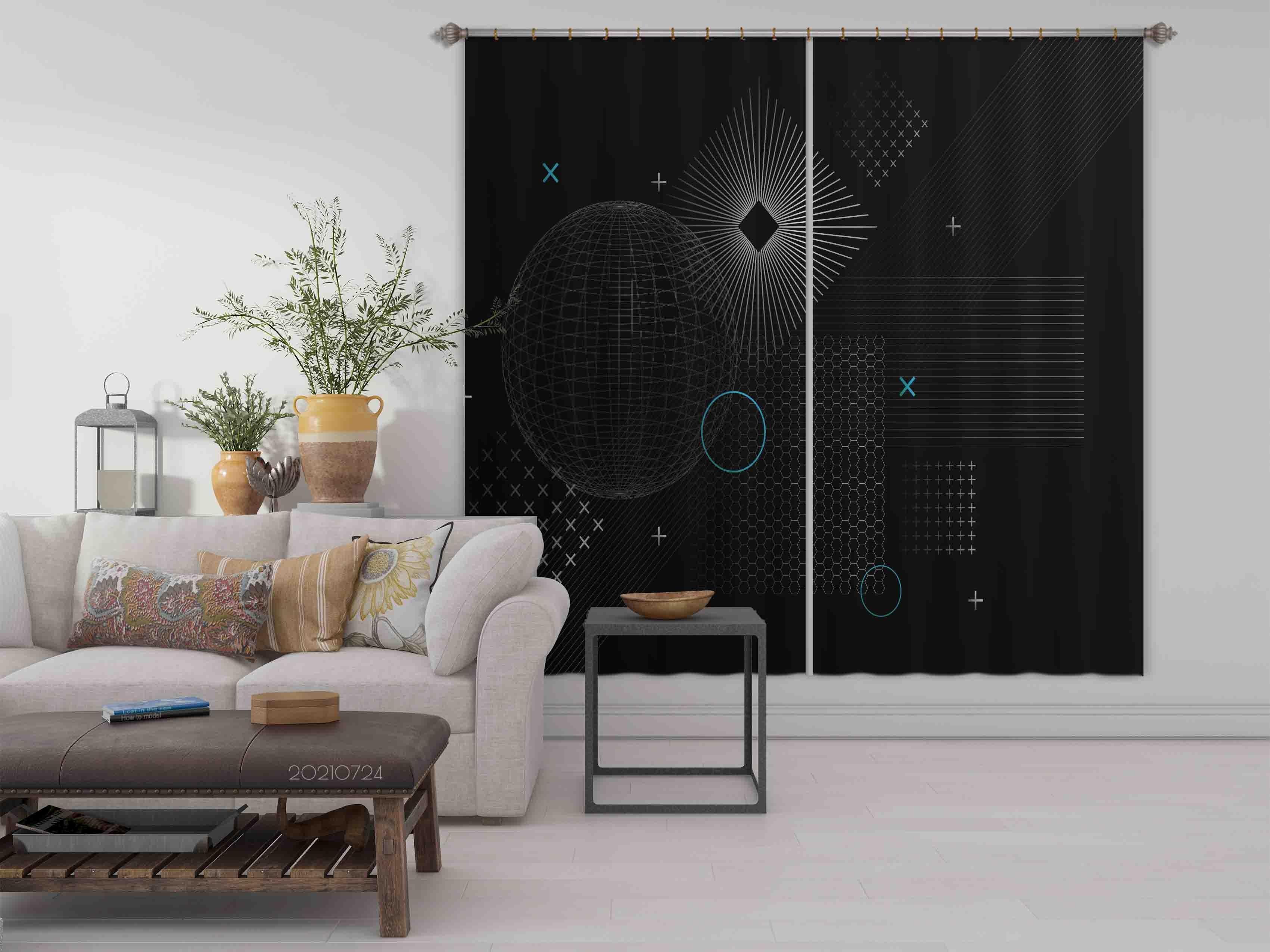 3D Abstract Black Geometry Curtains and Drapes LQH 51- Jess Art Decoration
