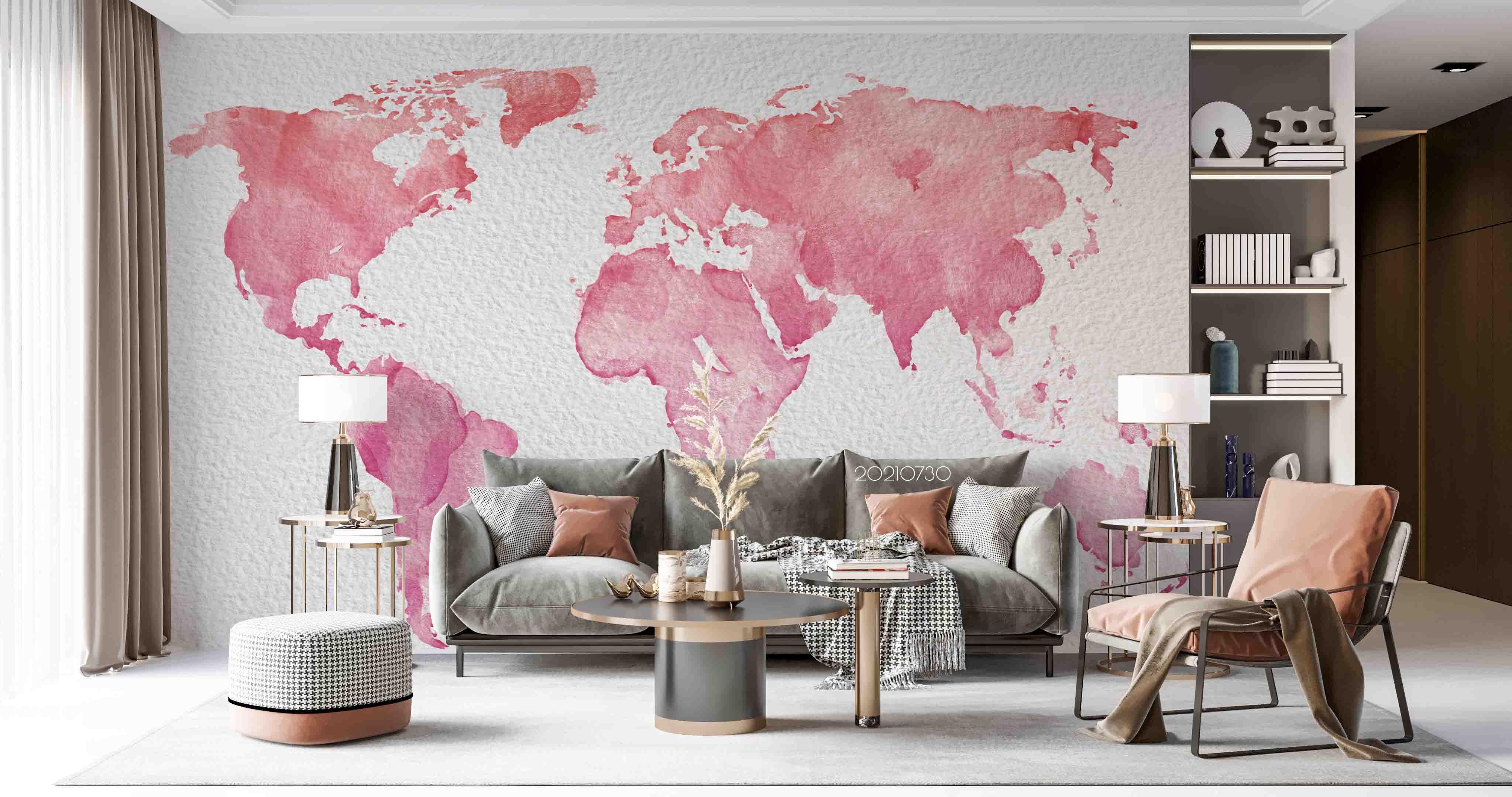 3D Watercolor Pink Map World Wall Mural Wallpaper SWW4479- Jess Art Decoration