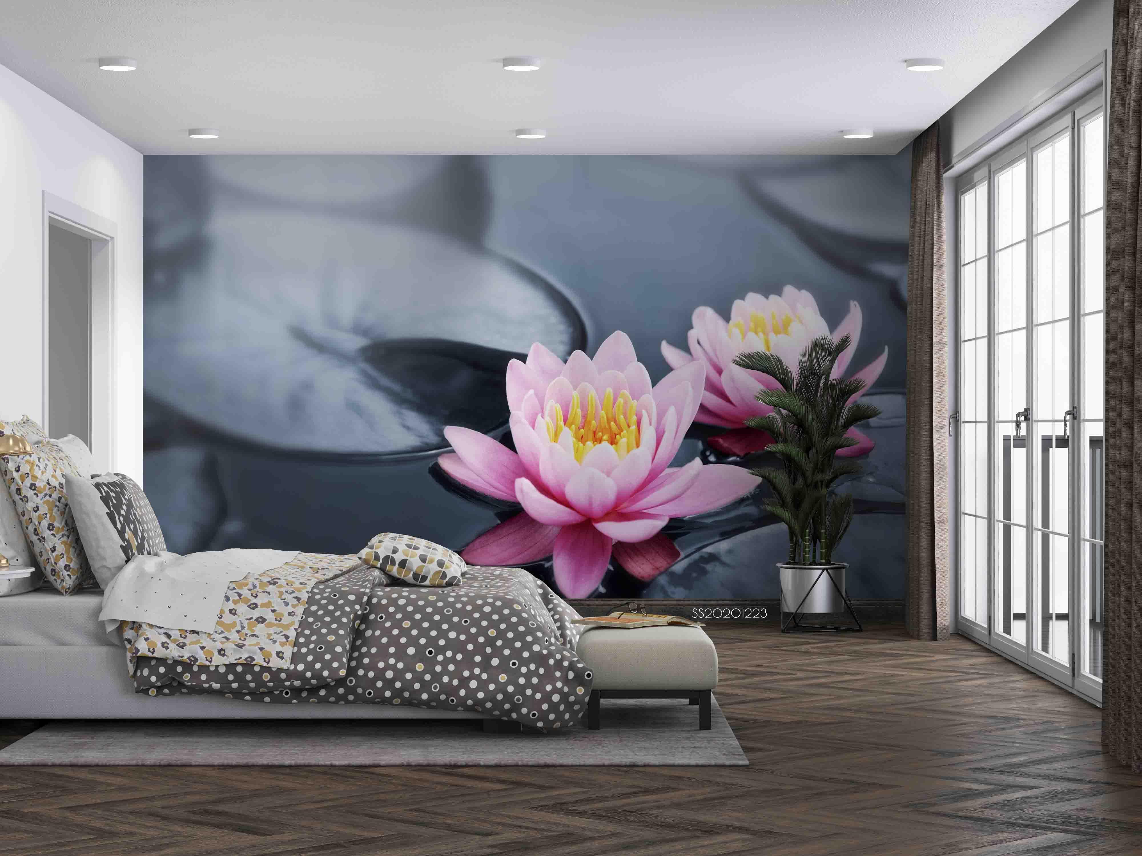 3D Lake Pink Lotus Floral Wall Mural Wallpaper LQH 126- Jess Art Decoration