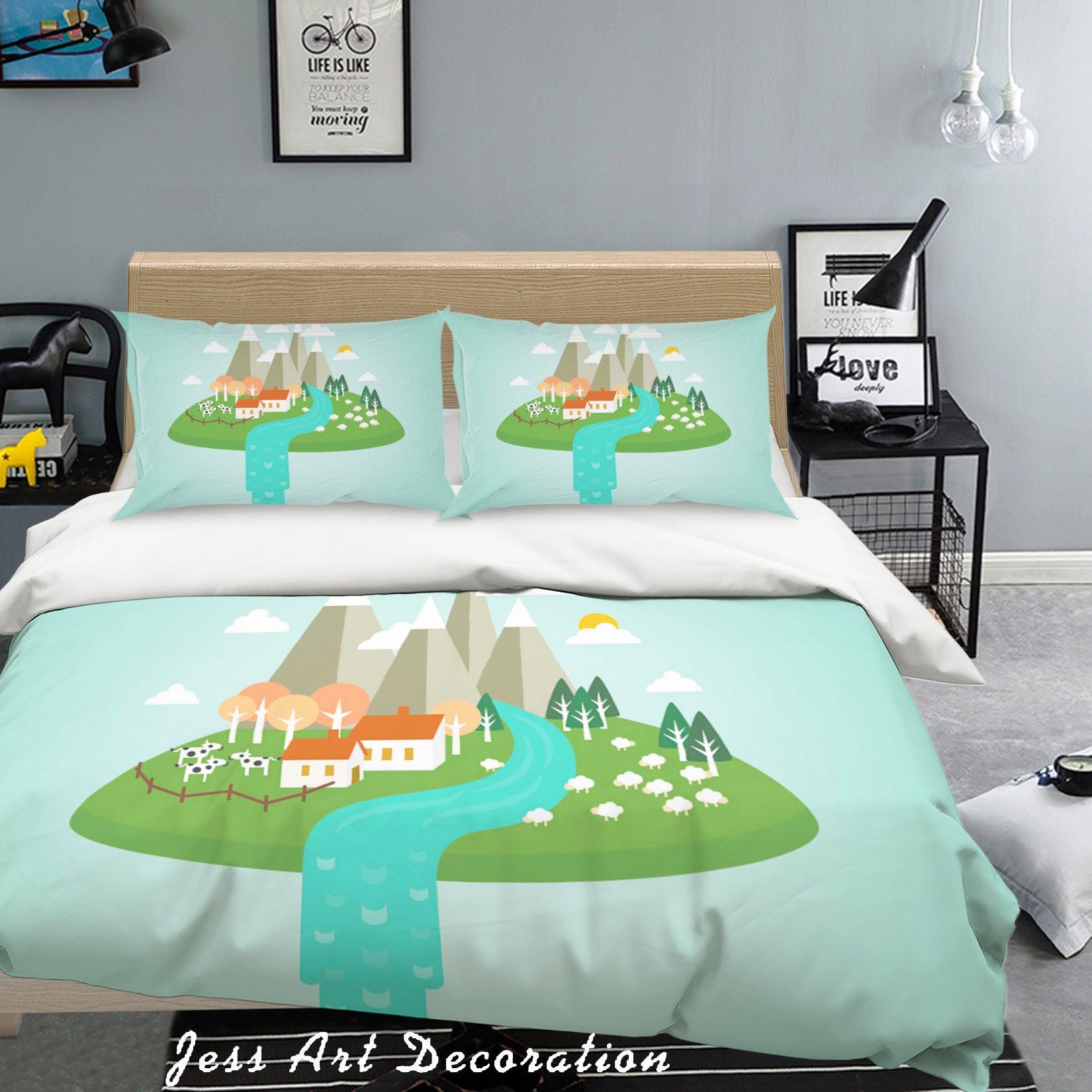 3D Blue Mountains Trees Grassland Cattle Sheep House River Quilt Cover Set Bedding Set Pillowcases 68- Jess Art Decoration