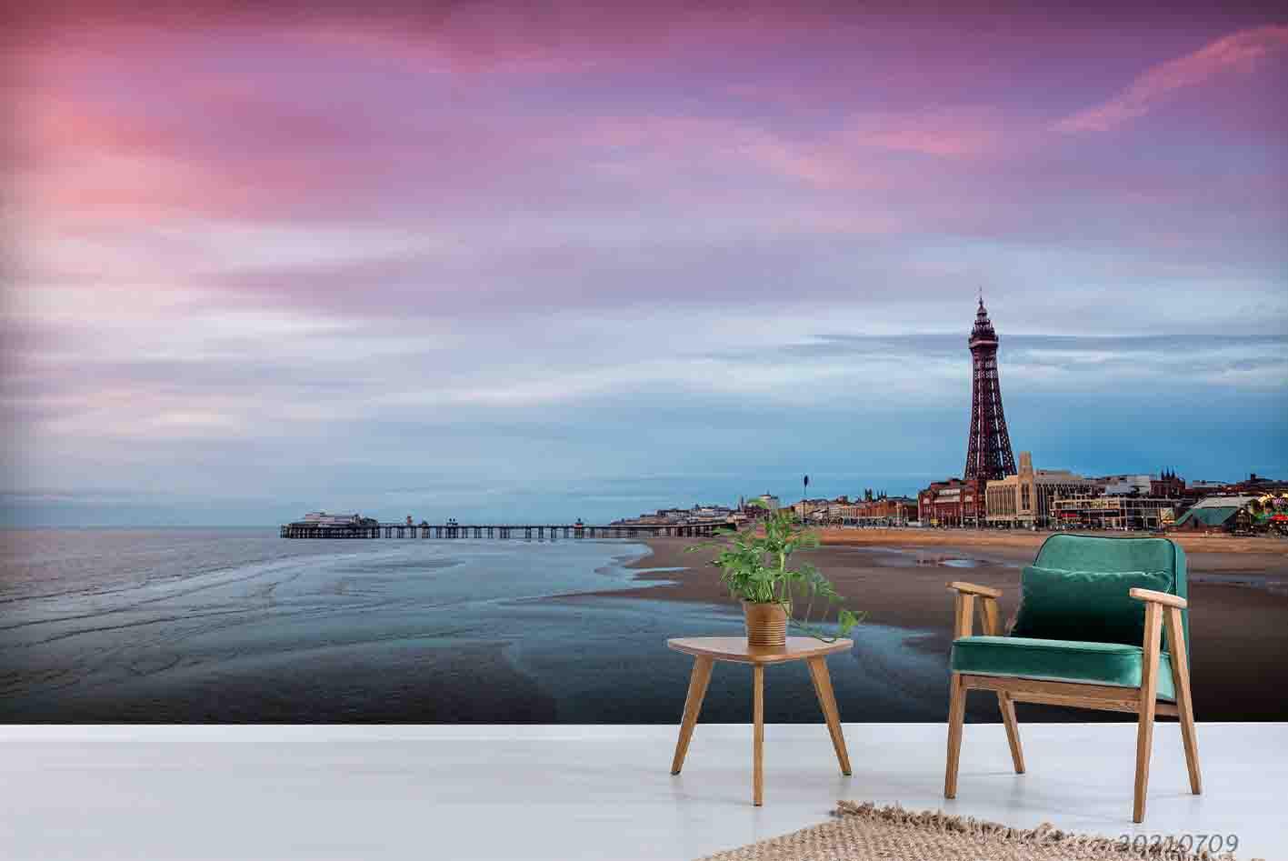 3D Oceans Beach Coastal City Sunset Glow Wall Mural Wallpaper SWW4162- Jess Art Decoration