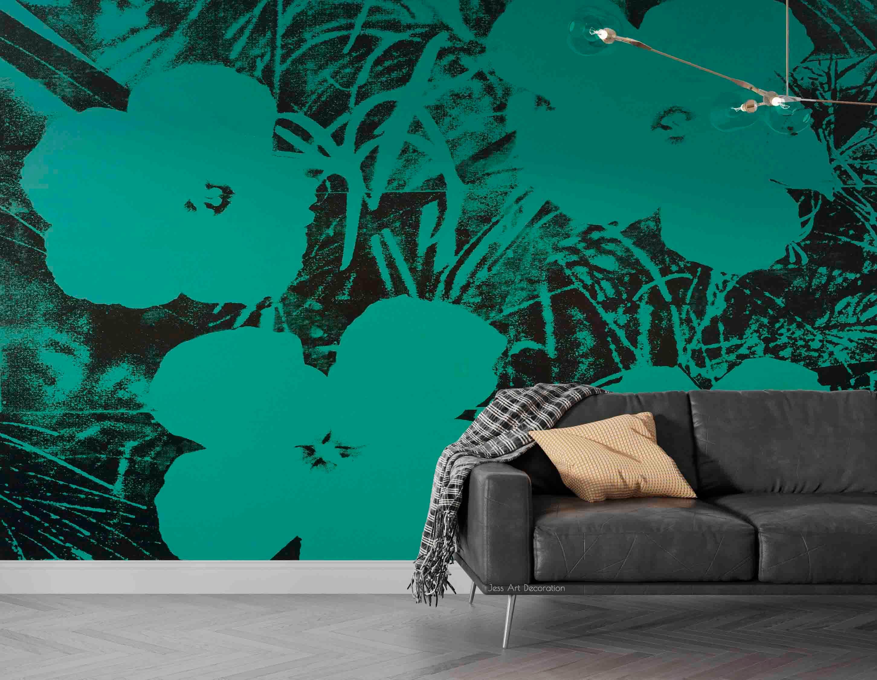 Green Flower Pattern Contemporary Wallpaper contemporary street art wall mural for creative room or feature wall - view 3