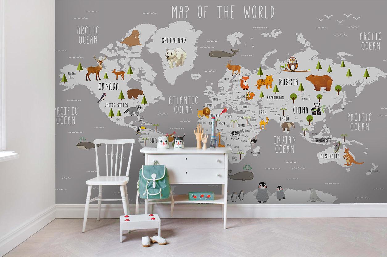 3D Cartoon Grey Animal World Map Wall Mural Wallpaper LQH 96- Jess Art Decoration