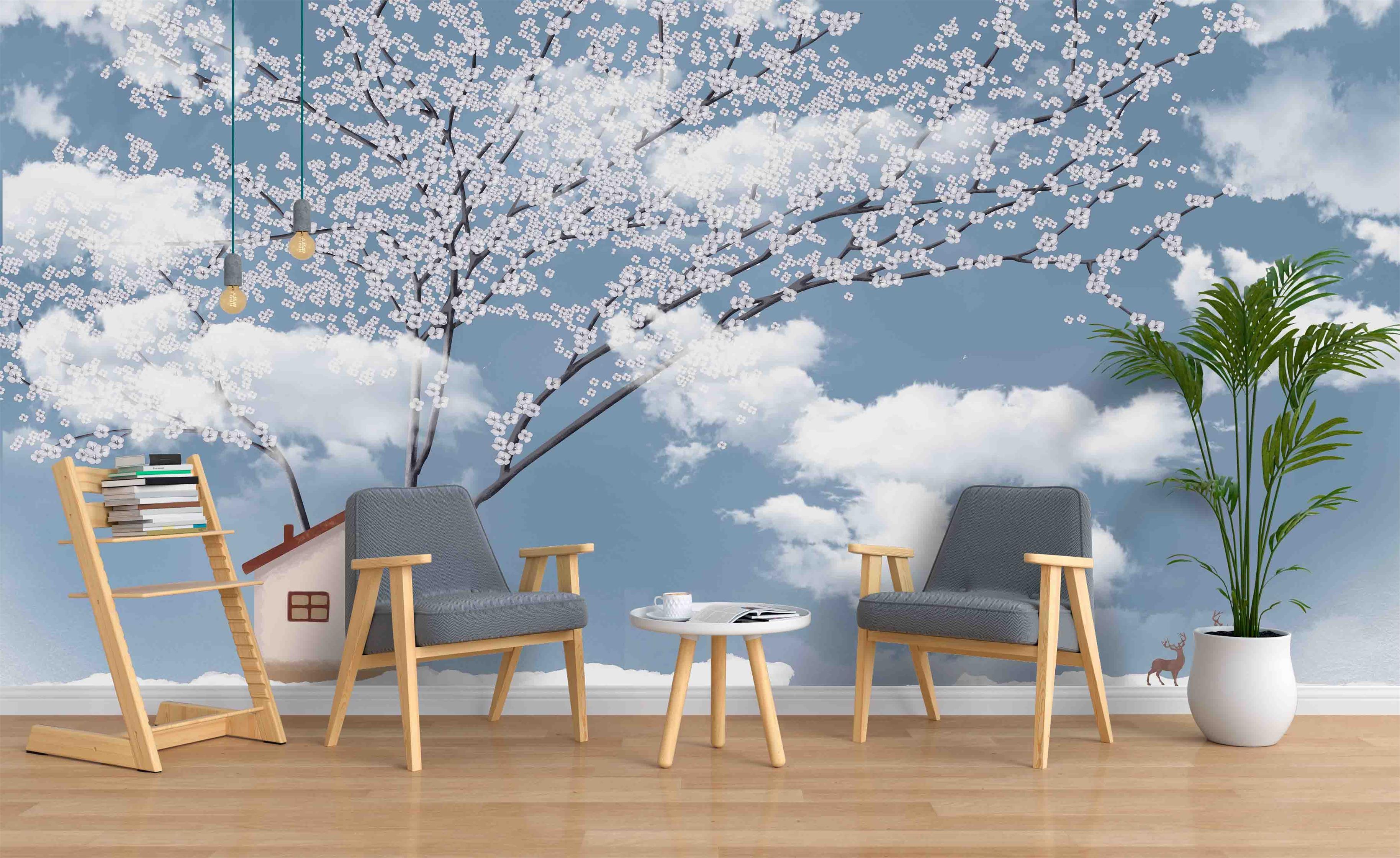 3D Blue Sky White Clouds Tree Wall Mural Wallpaper 42- Jess Art Decoration