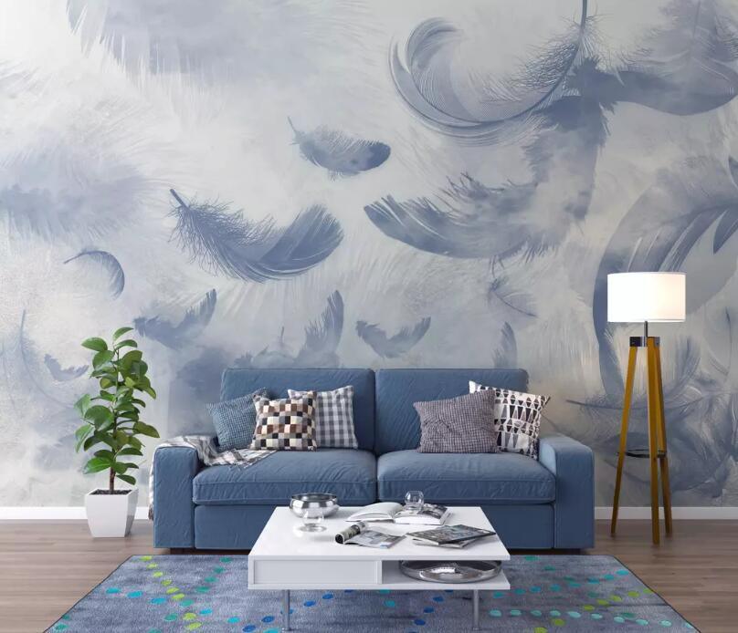 3D Watercolor Feather Blue Wall Mural Removable 122- Jess Art Decoration