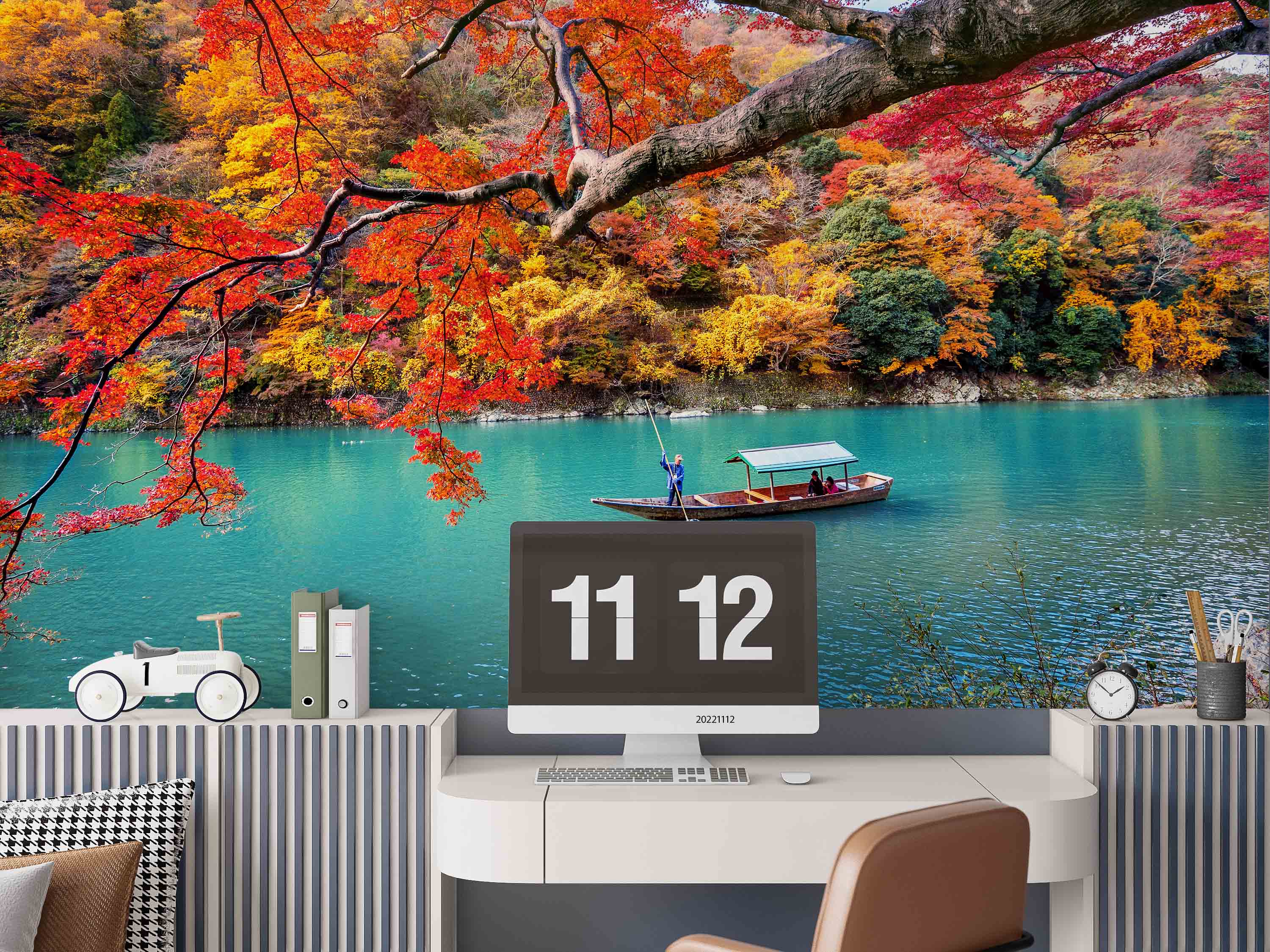 3D Gondolier Punting River Arashiyama Autumn Kyoto Japan Wall Mural Wallpaper GD 2361- Jess Art Decoration