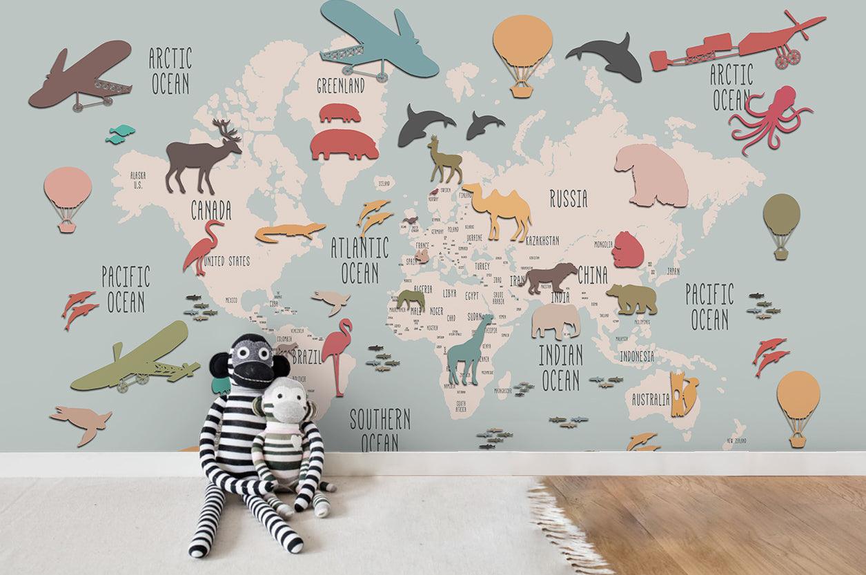 3D Cartoon Animals World Map Wall Mural Wallpaper 89 LQH- Jess Art Decoration