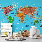 3D Cartoon Blue World Animal Map Wall Mural Wallpaper LQH 256- Jess Art Decoration