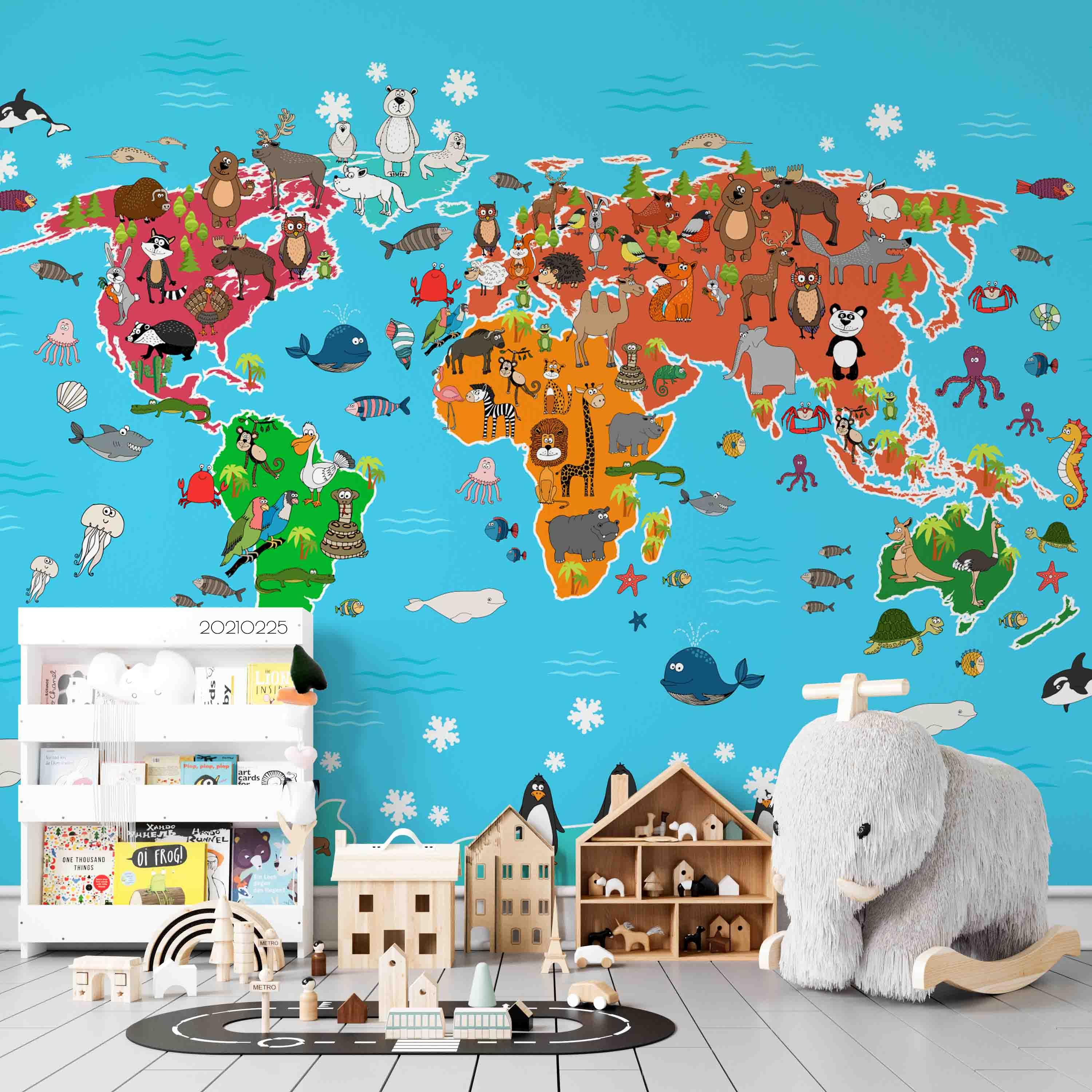 3D Cartoon Blue World Animal Map Wall Mural Wallpaper LQH 256- Jess Art Decoration