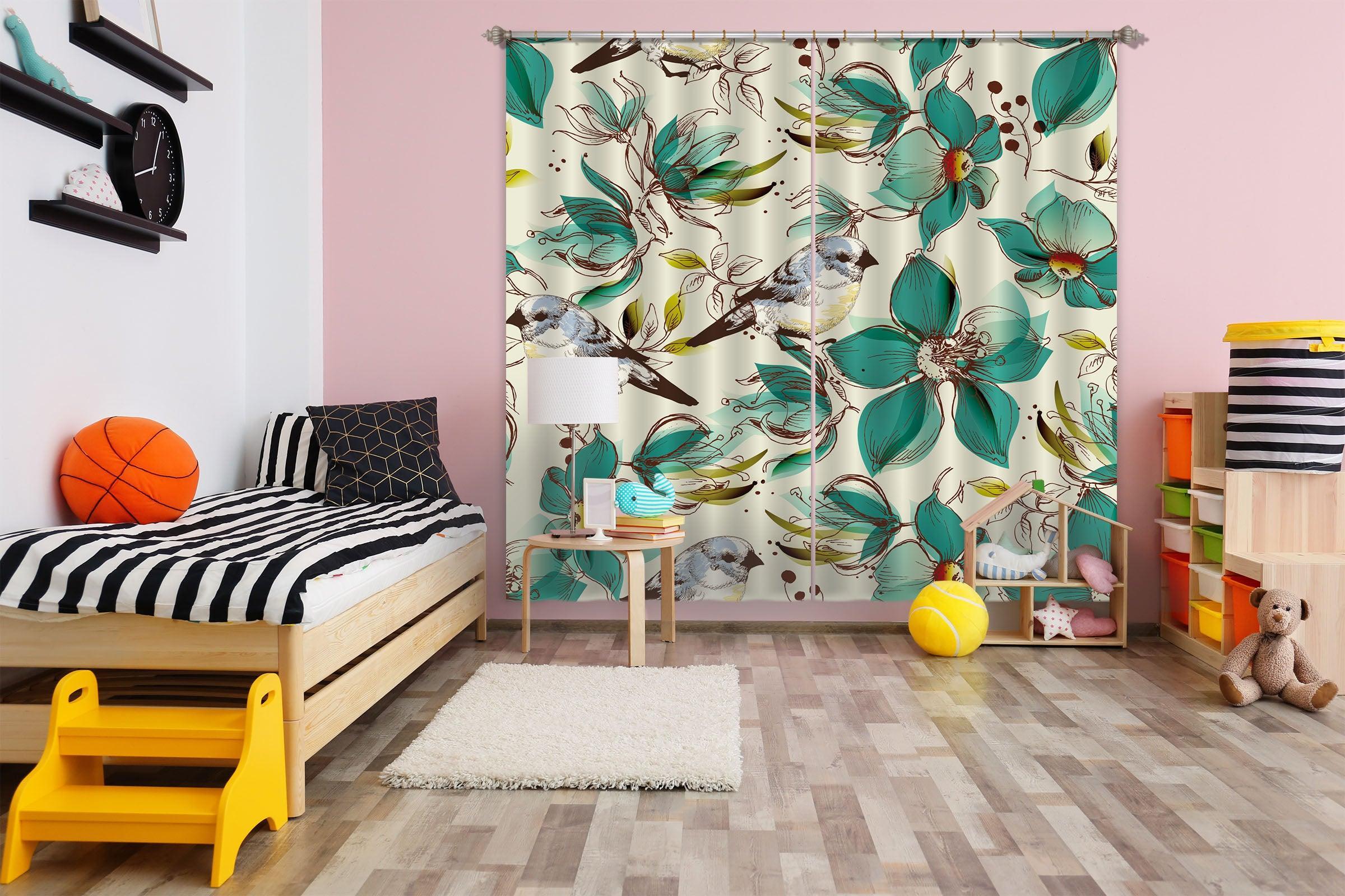 3D Hand Painted Green Flowers Birds Curtains and Drapes A75- Jess Art Decoration