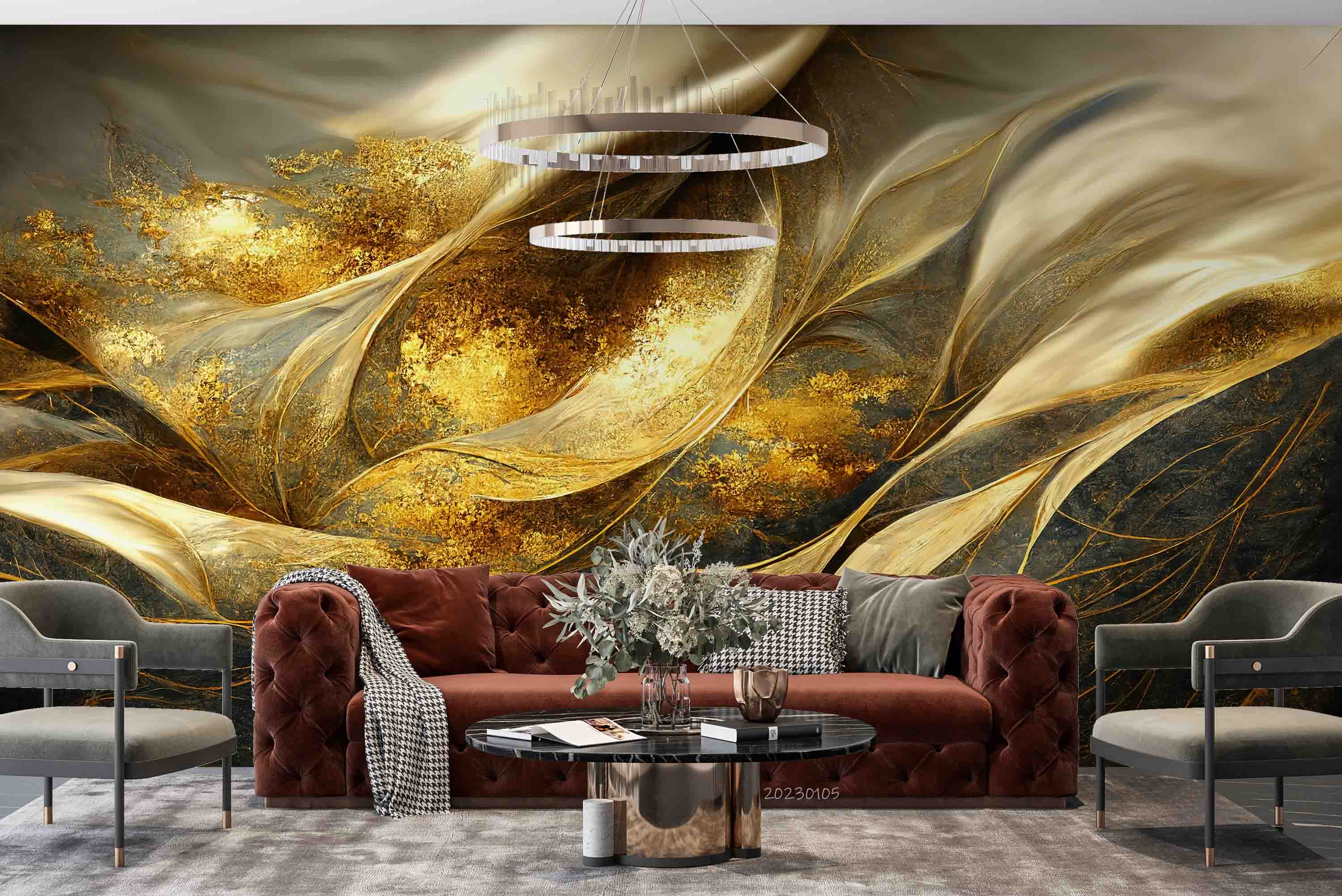 3D Oriental Retro Style Golden Waves Texture Wall Mural Wallpaper GD 1888- Jess Art Decoration