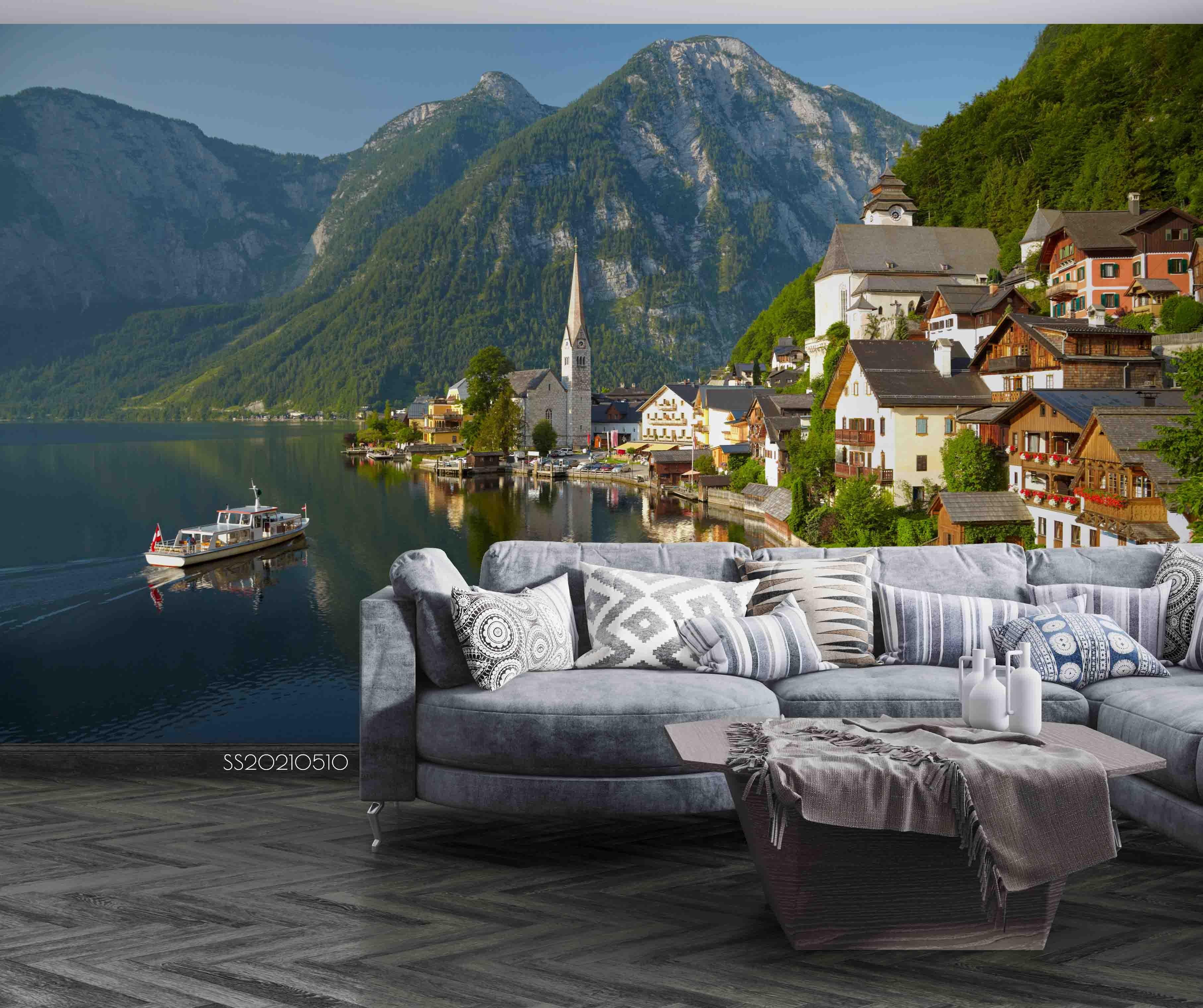 3D Mountain Lake House Landscape Wall Mural Wallpaper LQH 339- Jess Art Decoration