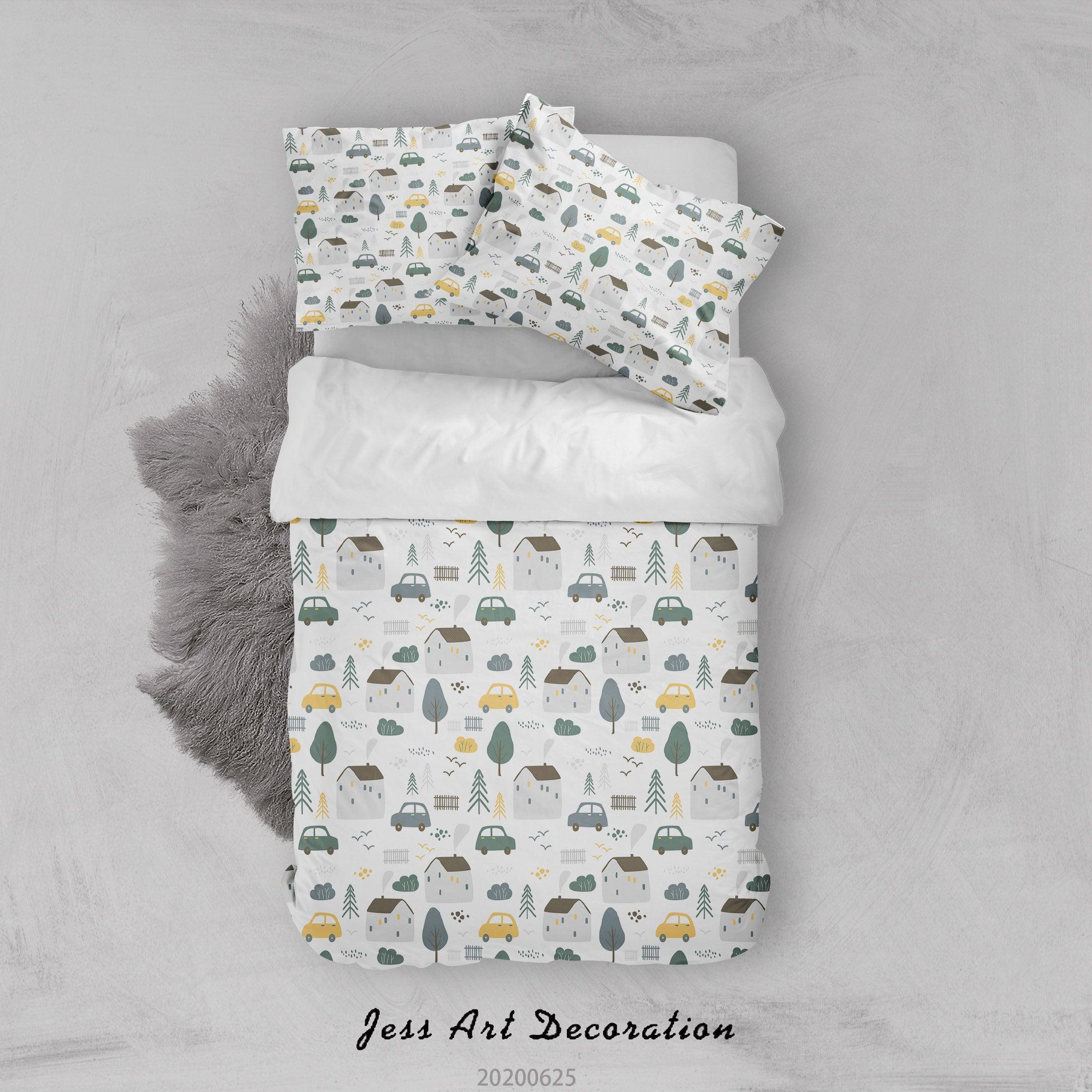 3D White Cartoon House Car Trees Quilt Cover Set Bedding Set Duvet Cover Pillowcases SF37- Jess Art Decoration