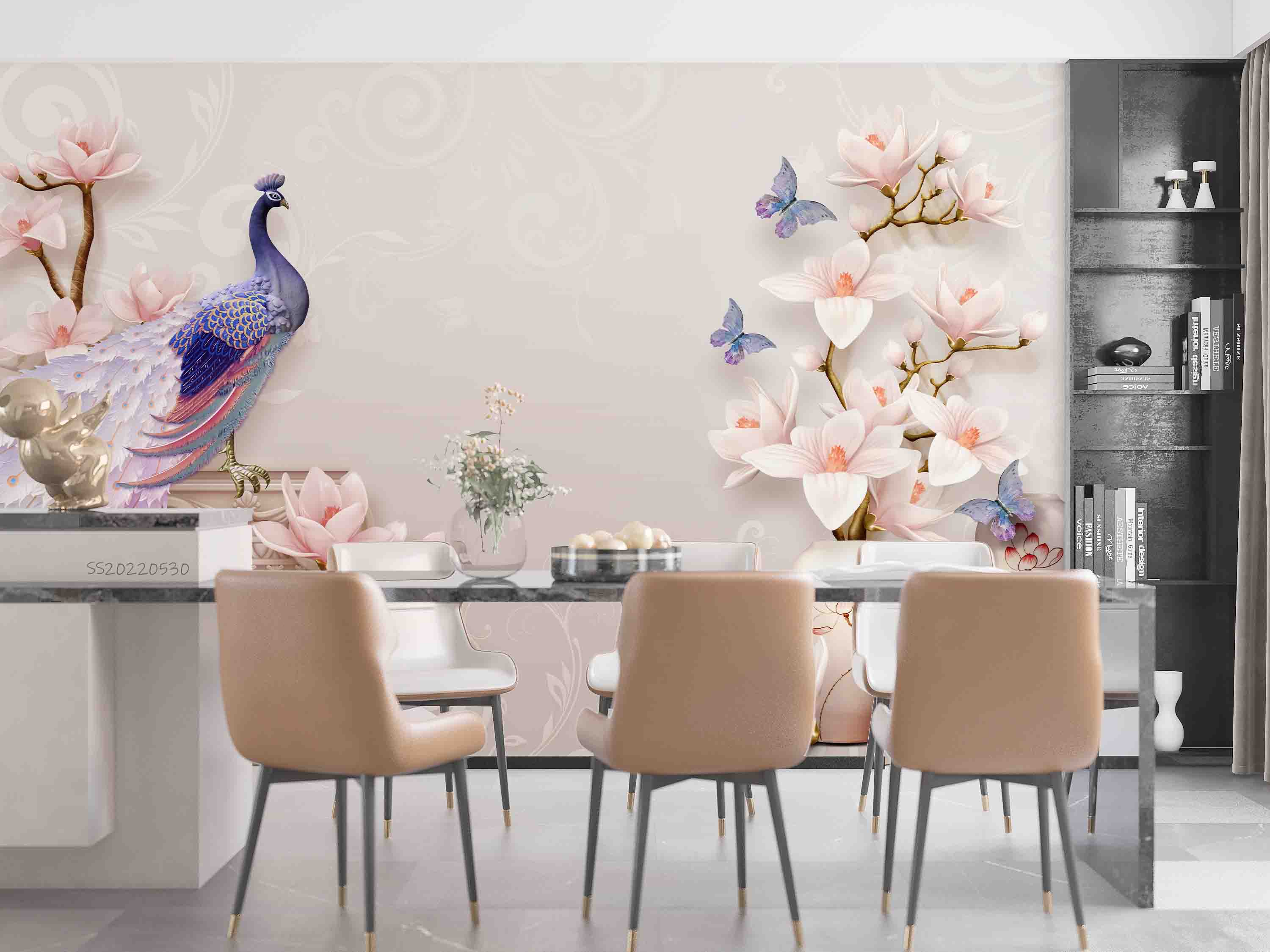 3D Chinese Peacock Magnolia Floral Butterfly Wall Mural Wallpaper GD 70- Jess Art Decoration