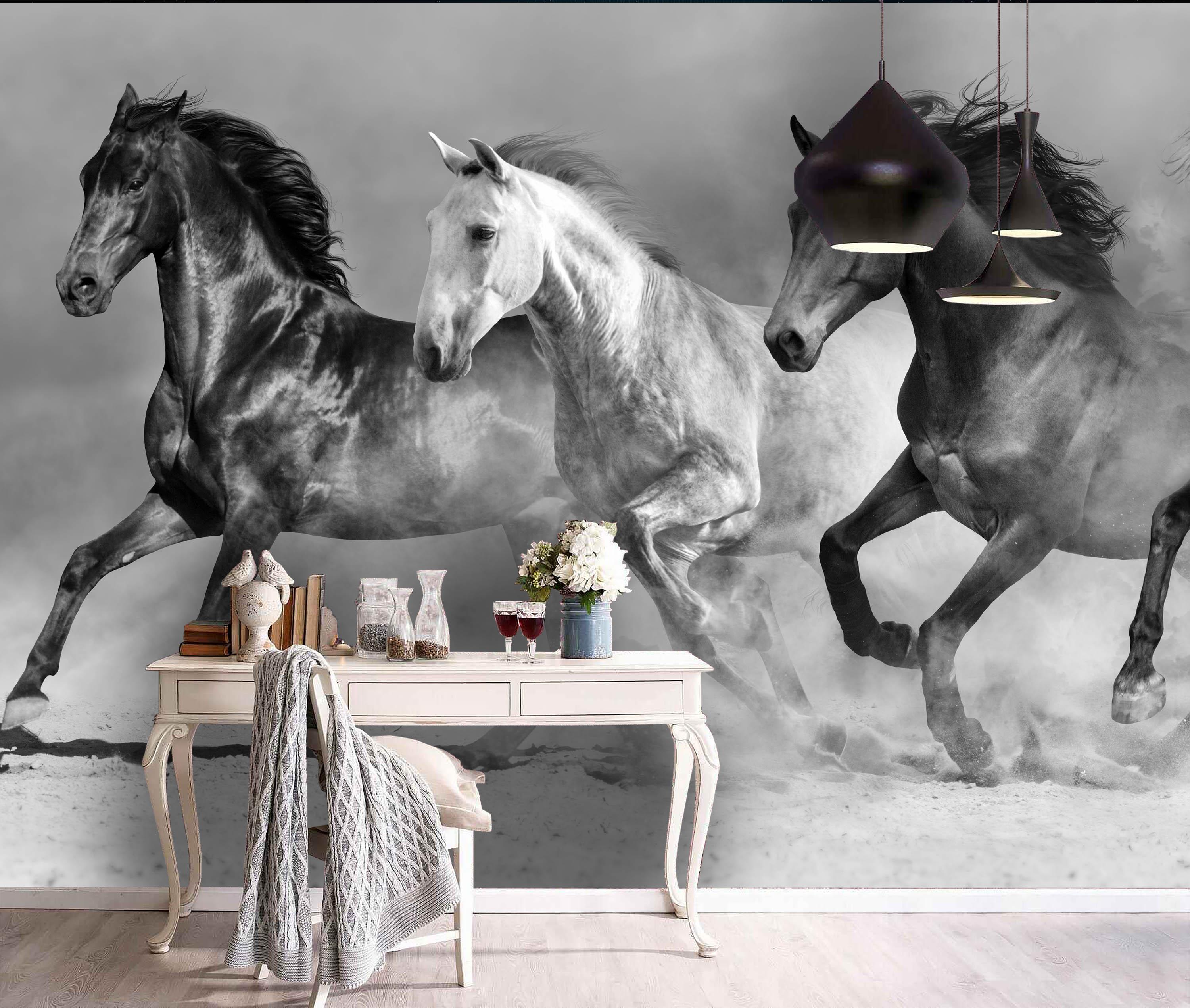 3D Black White Horse Gallop Wall Mural Wallpaper 145- Jess Art Decoration