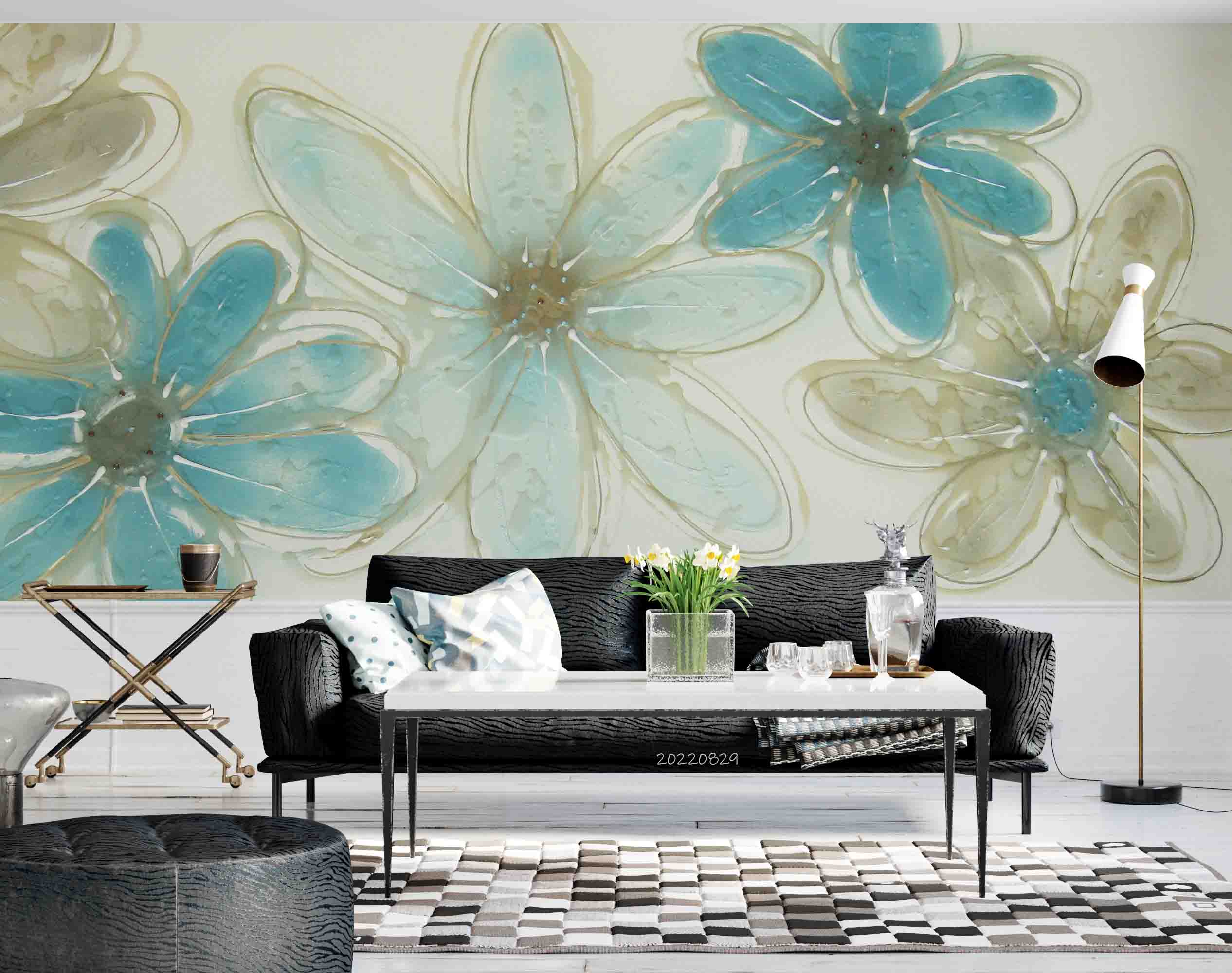 3D Teal Floral Watercolor Wall Mural Wallpaper GD 2667- Jess Art Decoration
