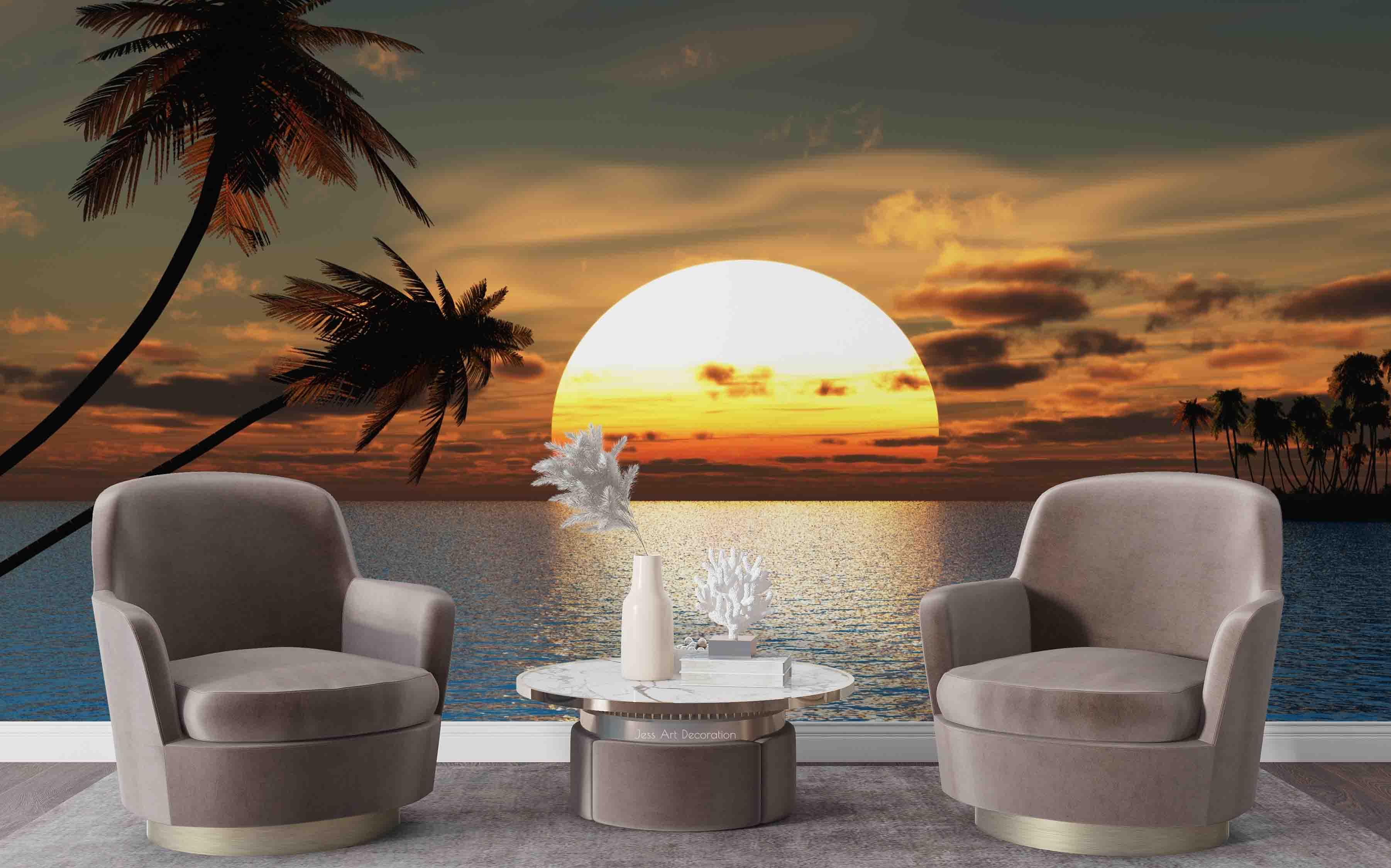 3D Sun Sea Surface Coconut Tree Wall Mural Wallpaper GD 2416- Jess Art Decoration