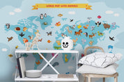 3D Cartoon Animal World Map Wall Mural Wallpaper SF62- Jess Art Decoration