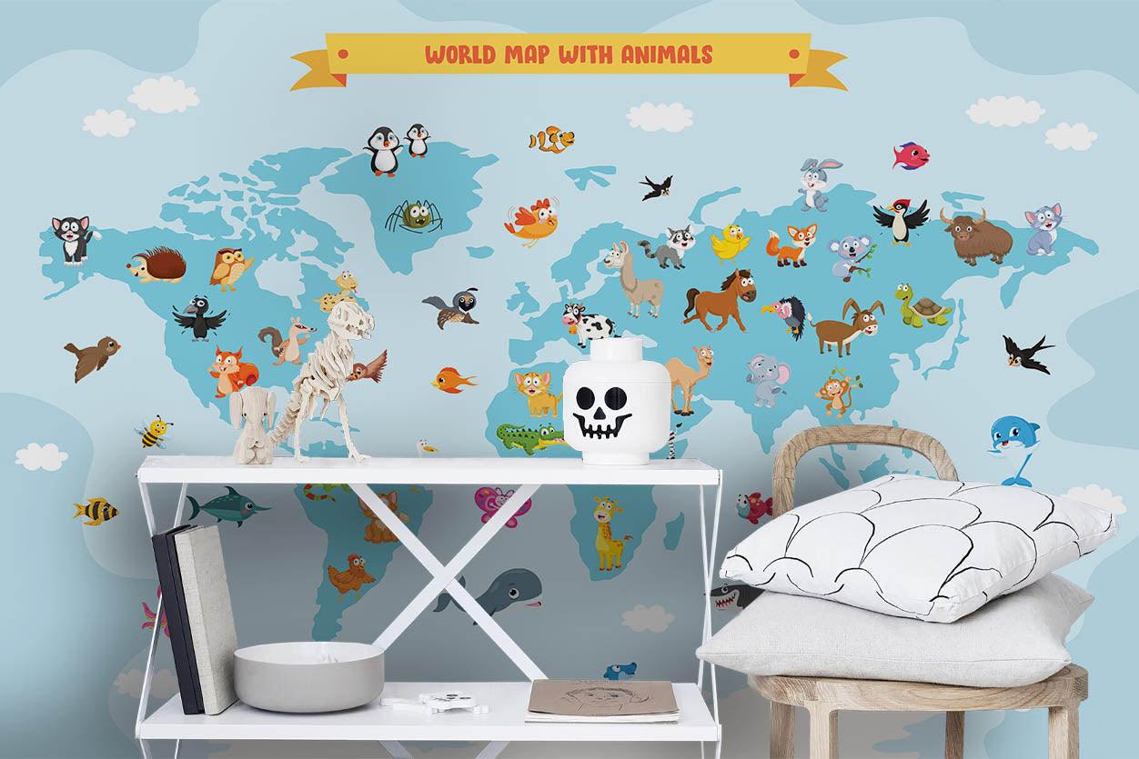 3D Cartoon Animal World Map Wall Mural Wallpaper SF62- Jess Art Decoration