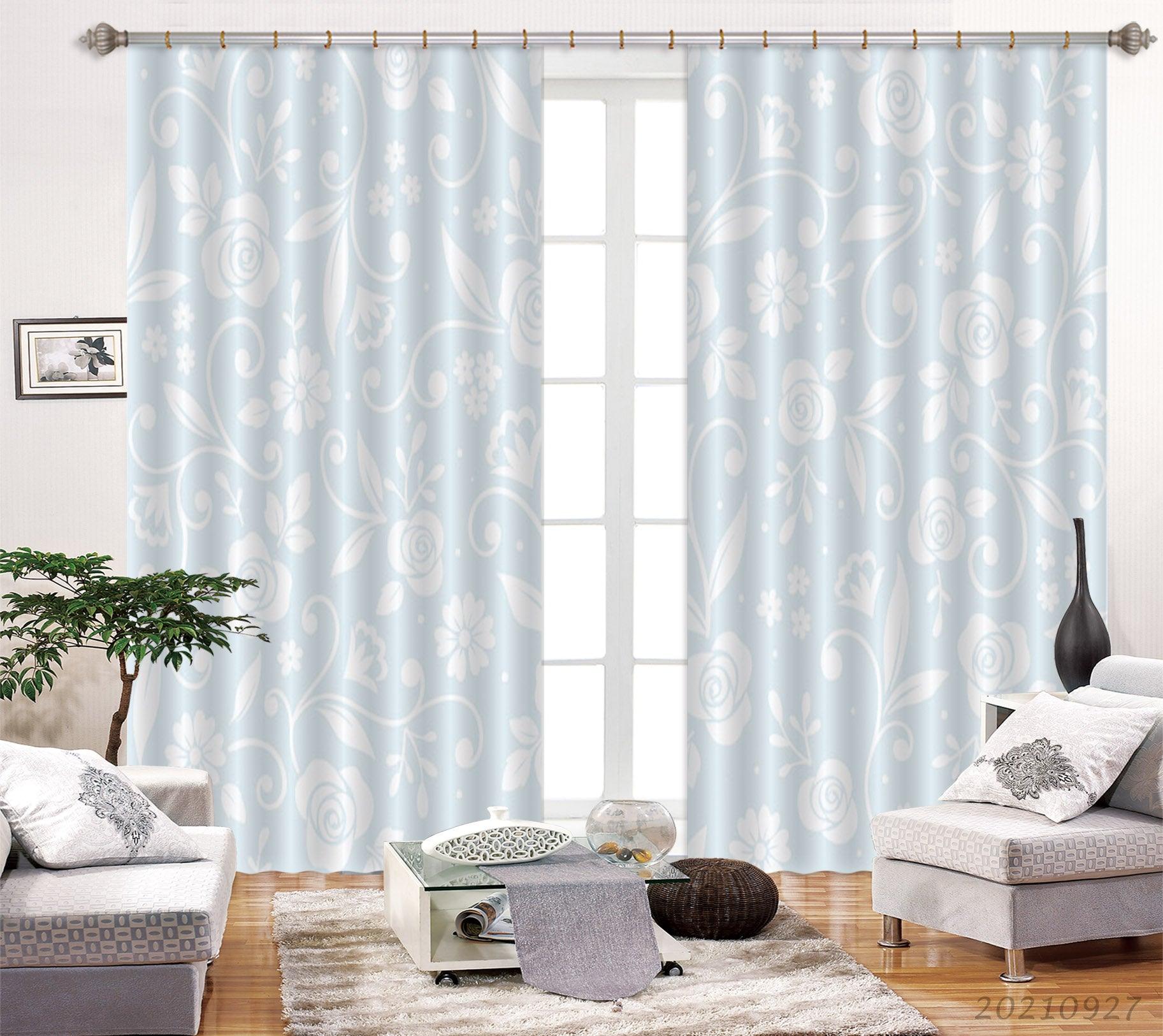 3D Hand Drawn Blue Floral Curtains and Drapes LQH 179- Jess Art Decoration