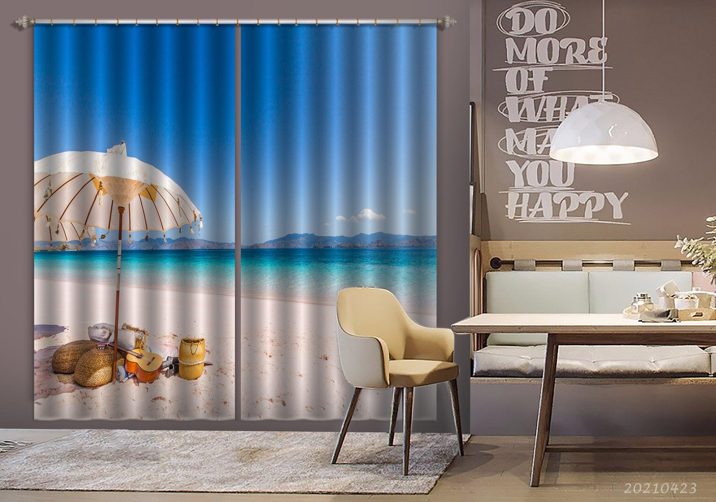 3D Beach Blue Sea Guitar Sun Umbrella Curtains and Drapes GD 1277- Jess Art Decoration