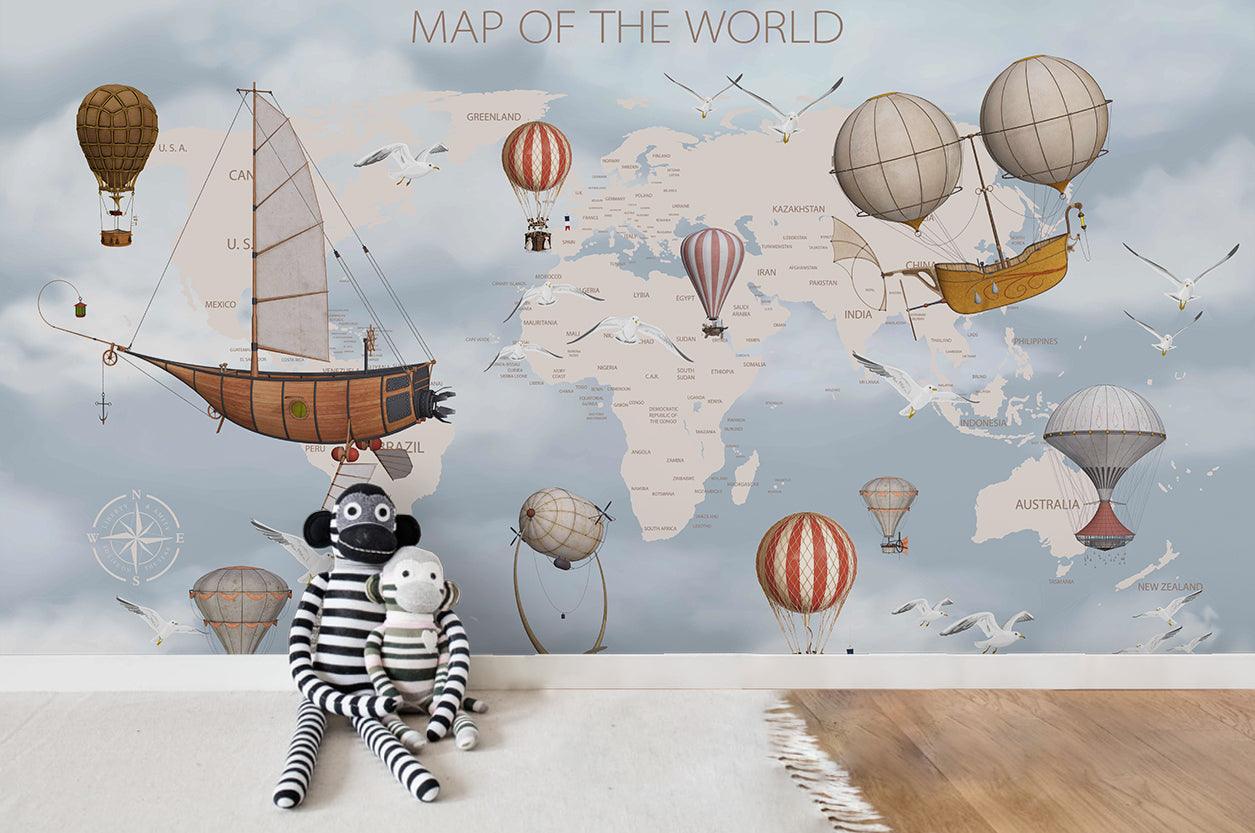 3D World Map Hot Air Balloon Wall Mural Wallpaper LQH 17- Jess Art Decoration